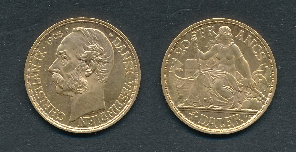 Danish West Indies 20 franc / 4 daler 1905 Christian IX, goldcoin