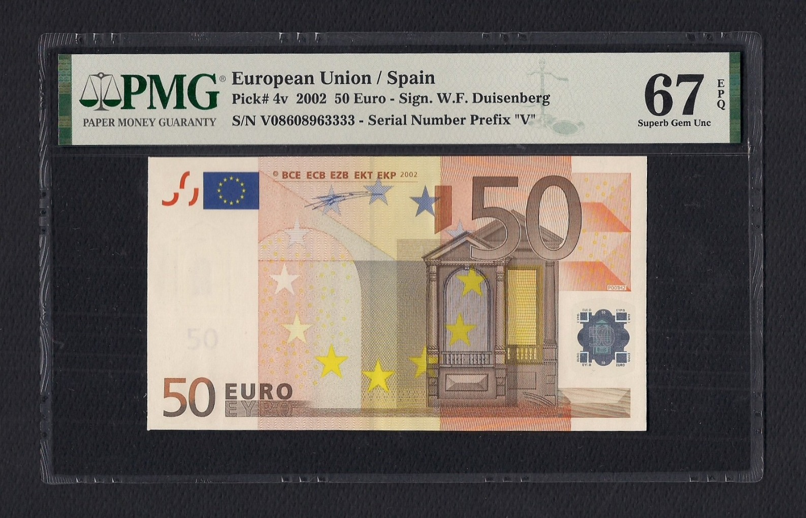 Italy 5 EUROS 2002 Extraordinarily low number. Very rare in this grade.  Signature Duisenberg. PMG 67 EPQ