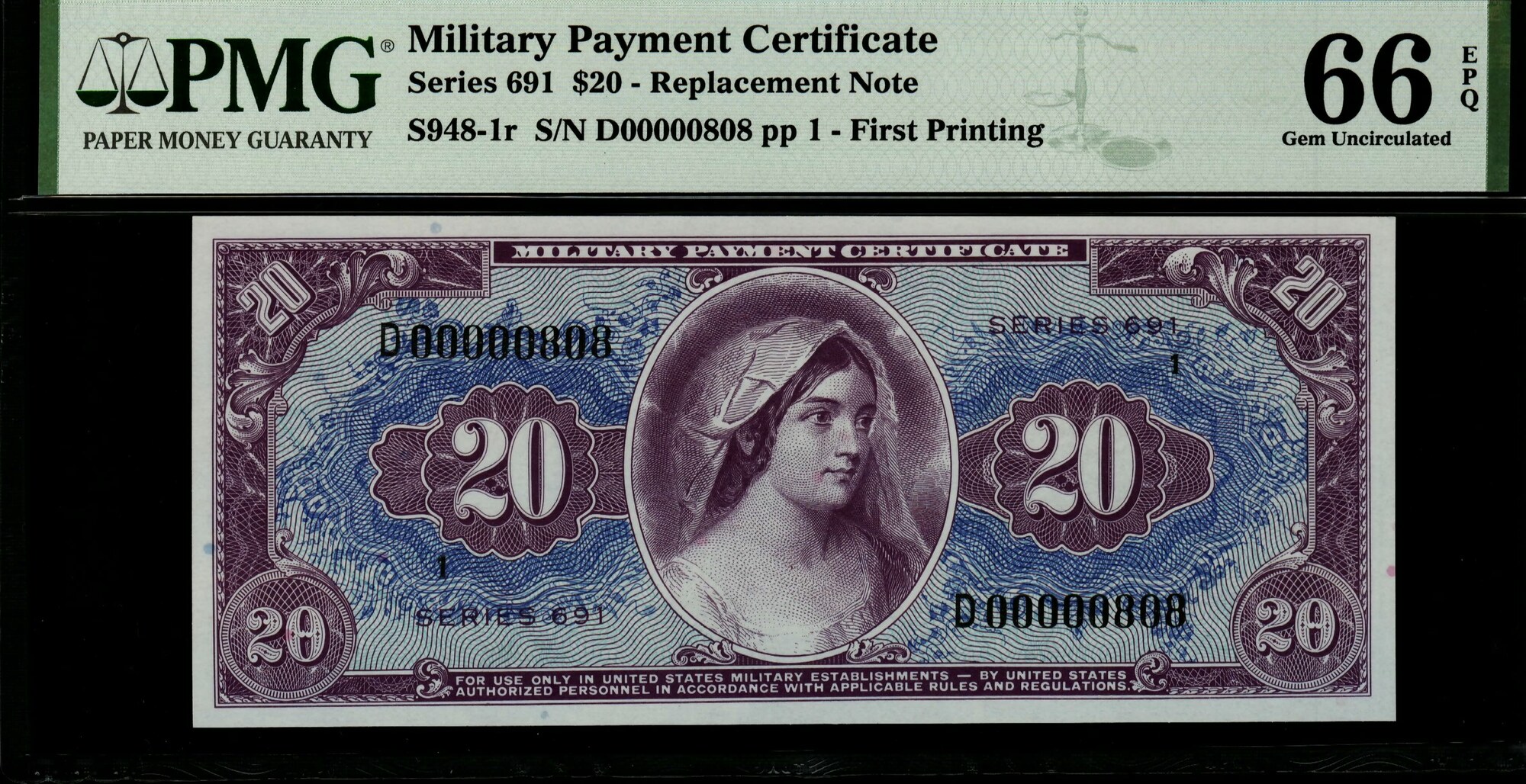 UNITED STATES USA 20 DOLLARS 1969 P M90 PMG 66 MILITARY PAYMENT MPC 691 UNC NOTE 