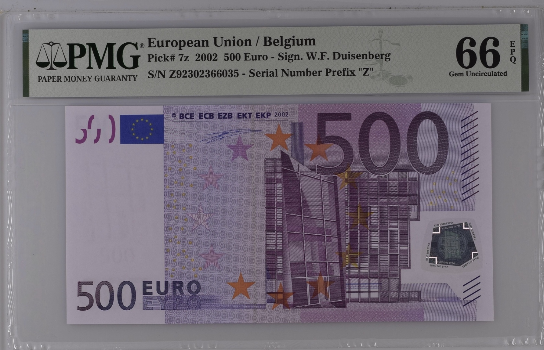 European Union 500 Euro 2002 Belgium, Scarce in this grade! PMG 66 EPQ