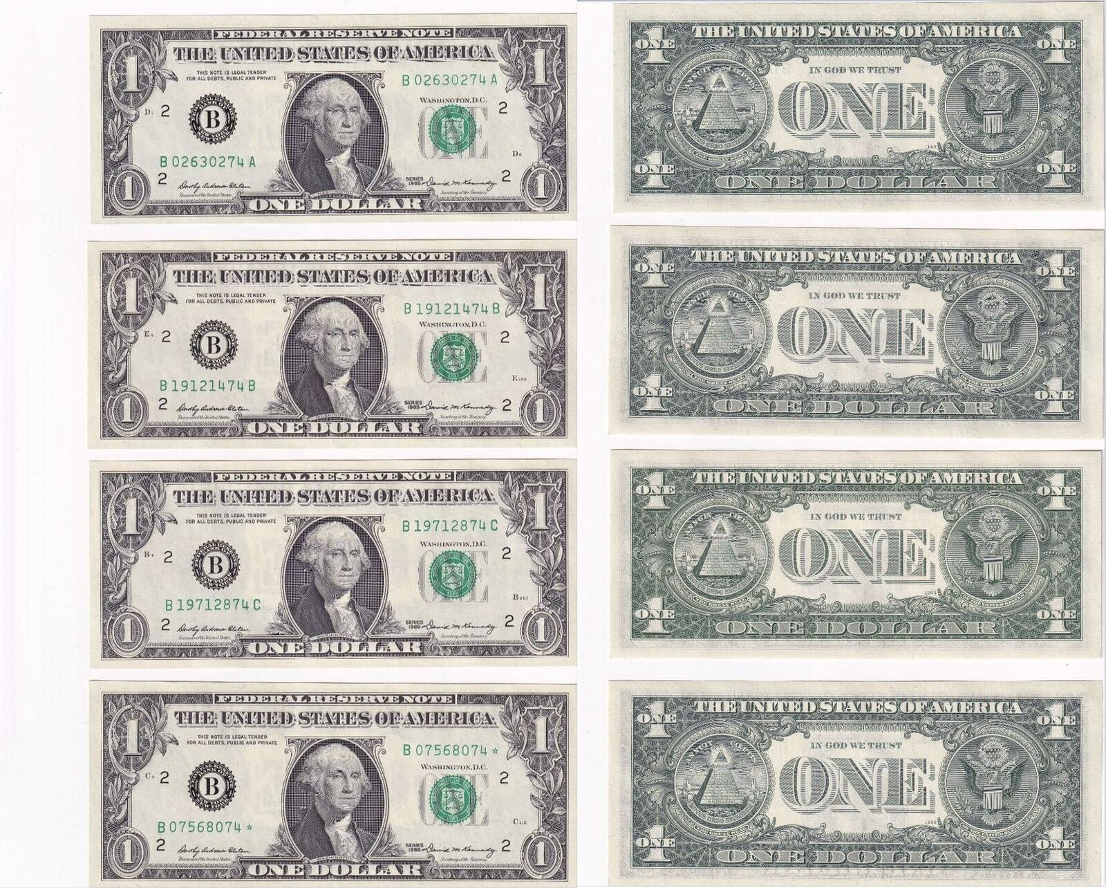 United States One Dollar 1969 Complete Set Block Included Starnote 