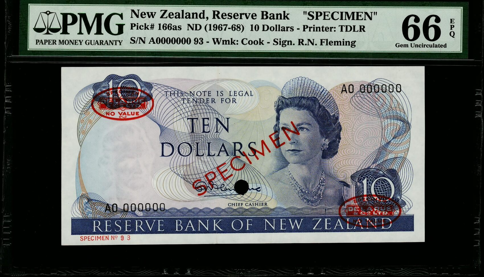 10 Dollars 1967 Reserve Bank of New Zealand. Specimen. PMG 66 EPQ