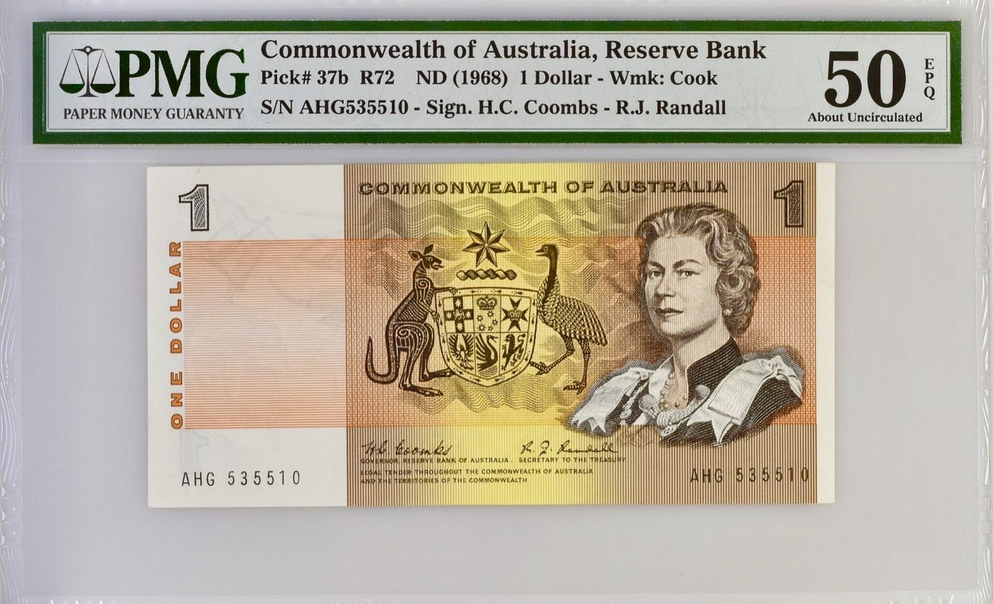 1 Dollar 1968 Coombs - The most scarce signature Australian Banknotes. PMG 50 EPQ MA-Shops