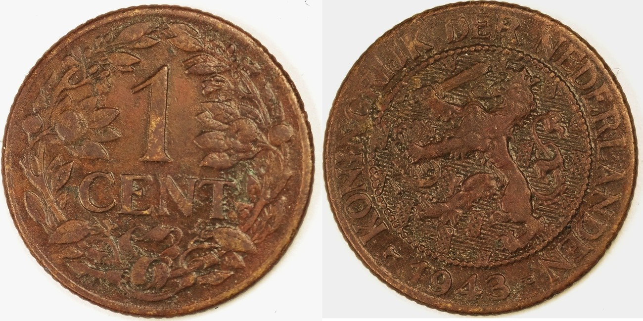 Netherlands 1 cent 1943. Wrong alloy! Rare. F / VF | MA-Shops