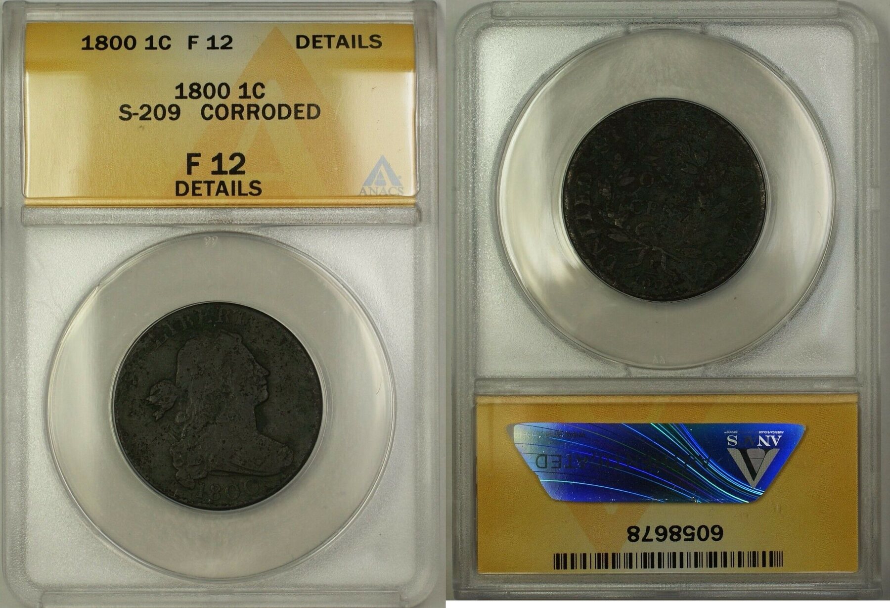 Large Cent 1800 Draped Bust 1c Coin S-209 ANACS F-12 Details Corroded