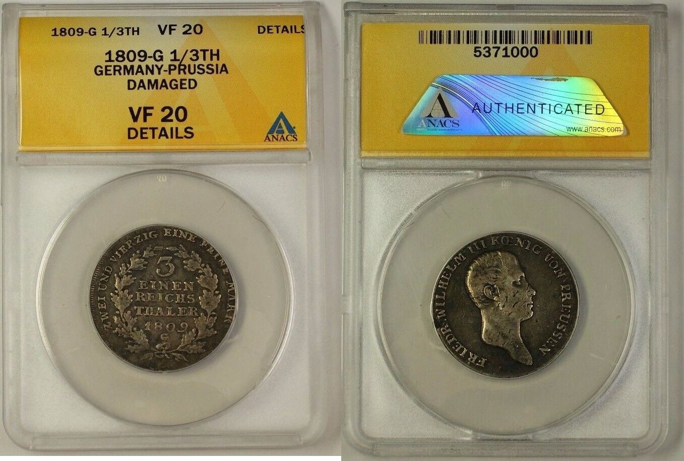 Weltmünzen 1809-G Germany-Prussia 1/3 Thaler Silver Coin ANACS VF-20 ...