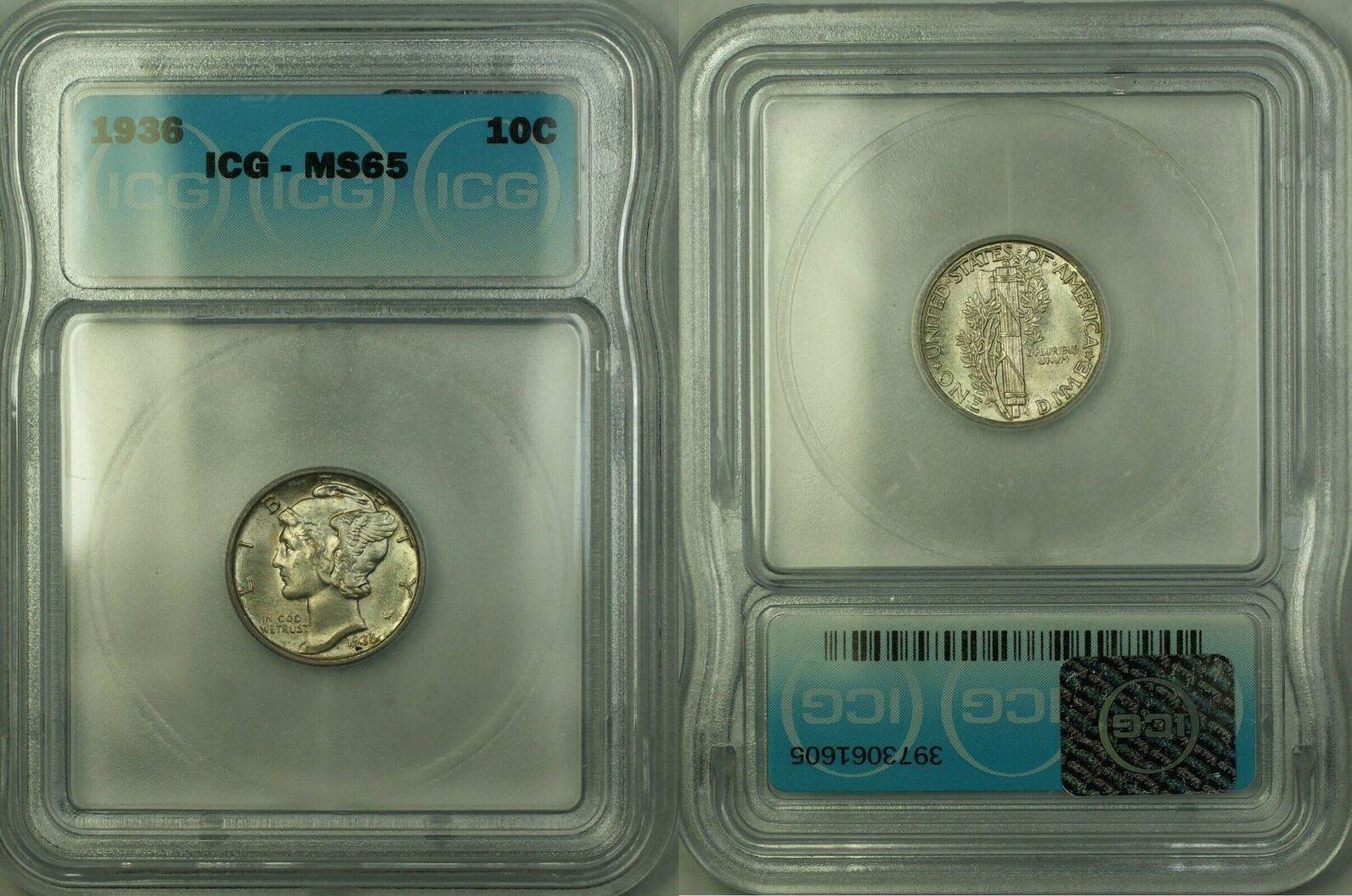 Dime 1936 Silver Mercury 10c Coin ICG MS-65 (Full Bands FB) GEM BU ICG