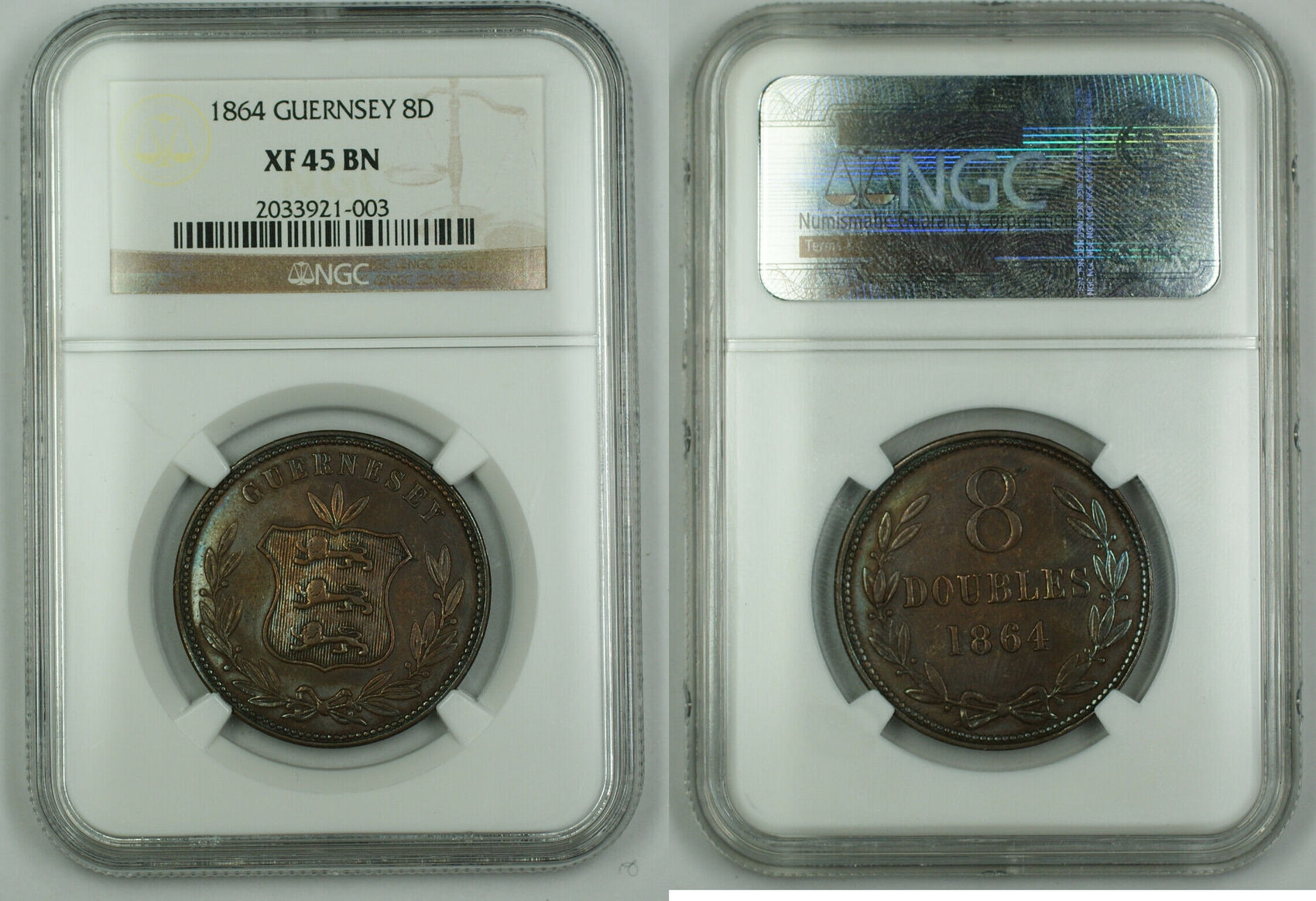 Medieval Coins 8 Doubles 1864 Guernsey Coin NGC XF-45 BN AKR | MA-Shops