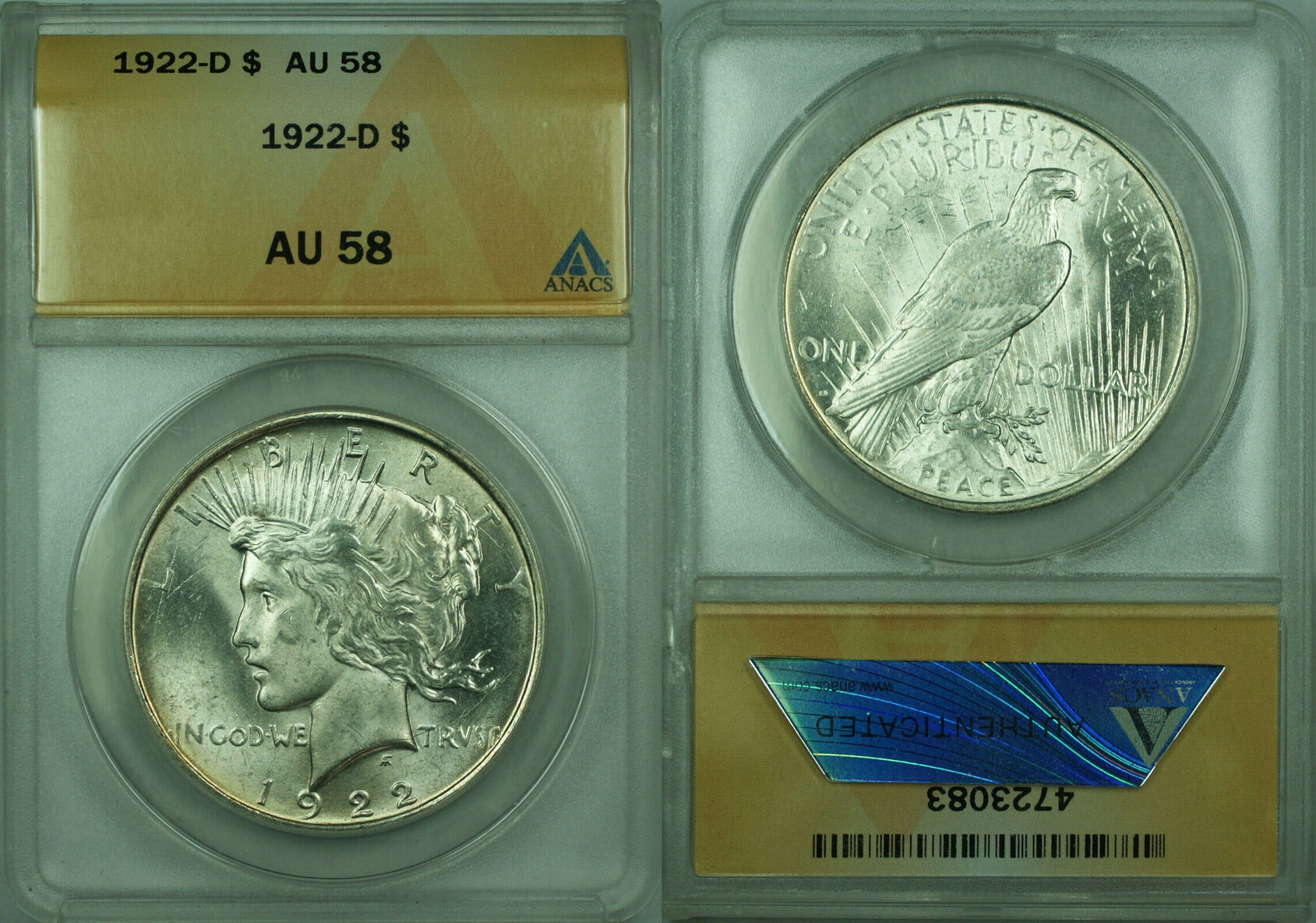 ANACS AU 58 1922 Peace Silver Dollar