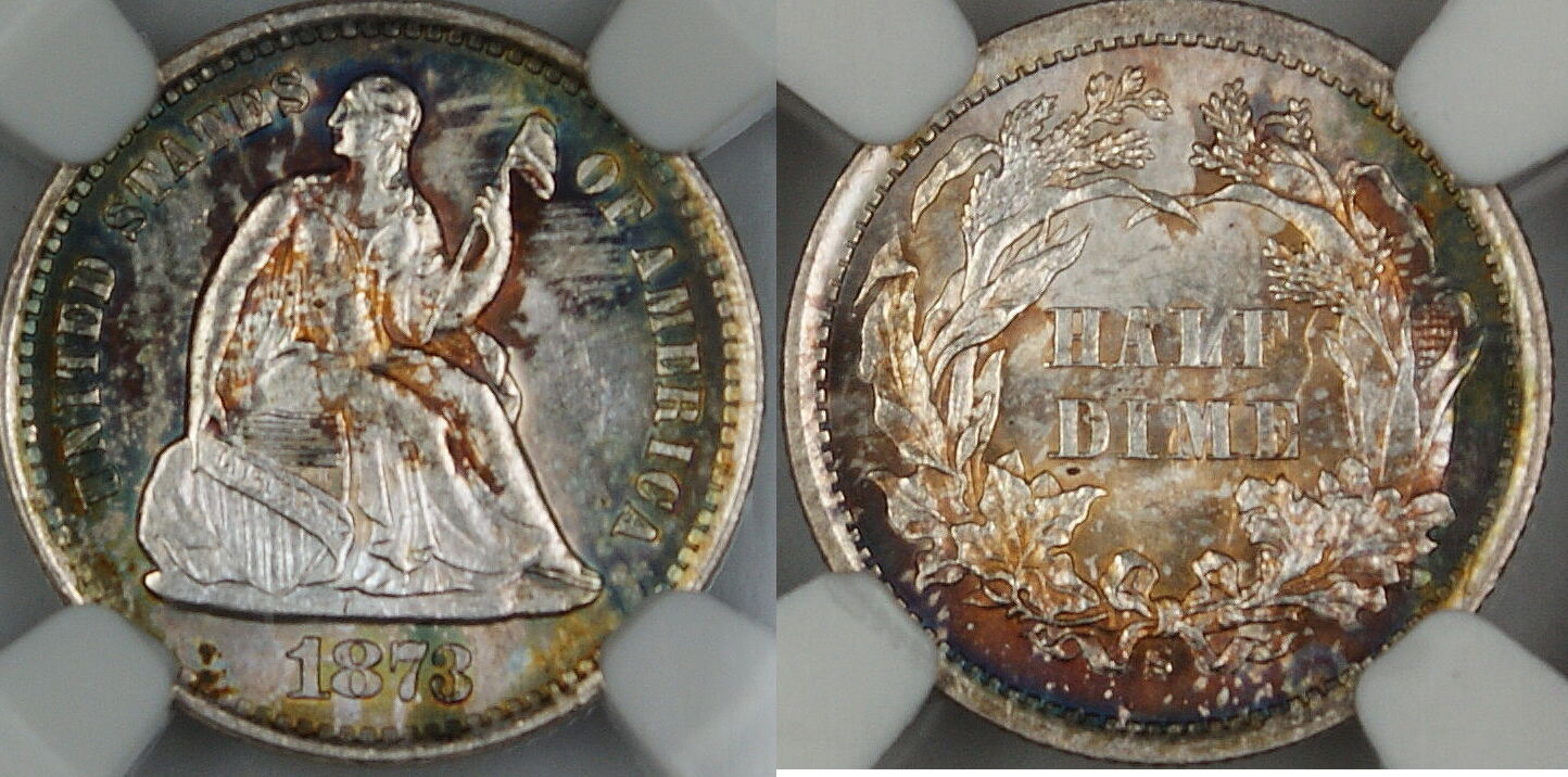 Half Dime 1873-S Seated Liberty Silver NGC MS-63, *Toned Gem BU