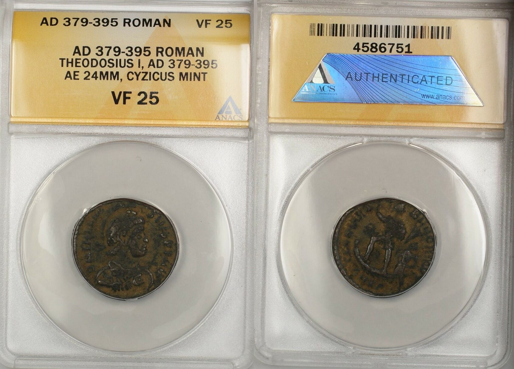 Bronze 379-395 AD Roman Theodosius I Cyzicus Mint Ancient Coin AE ANACS VF  25 VF 25.