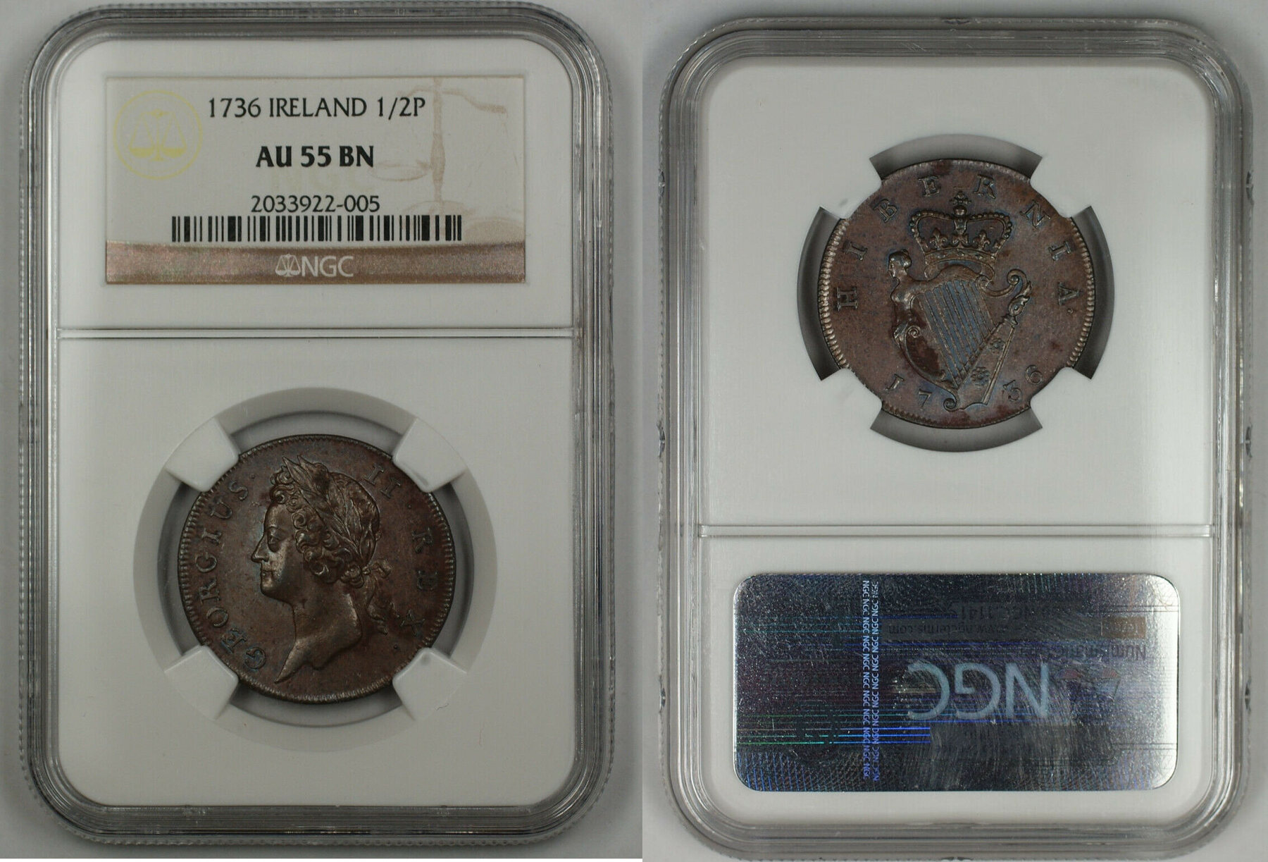 1/2 Penny 1736 Ireland Regal Copper Coin George II NGC AU 55 BN Brown ...