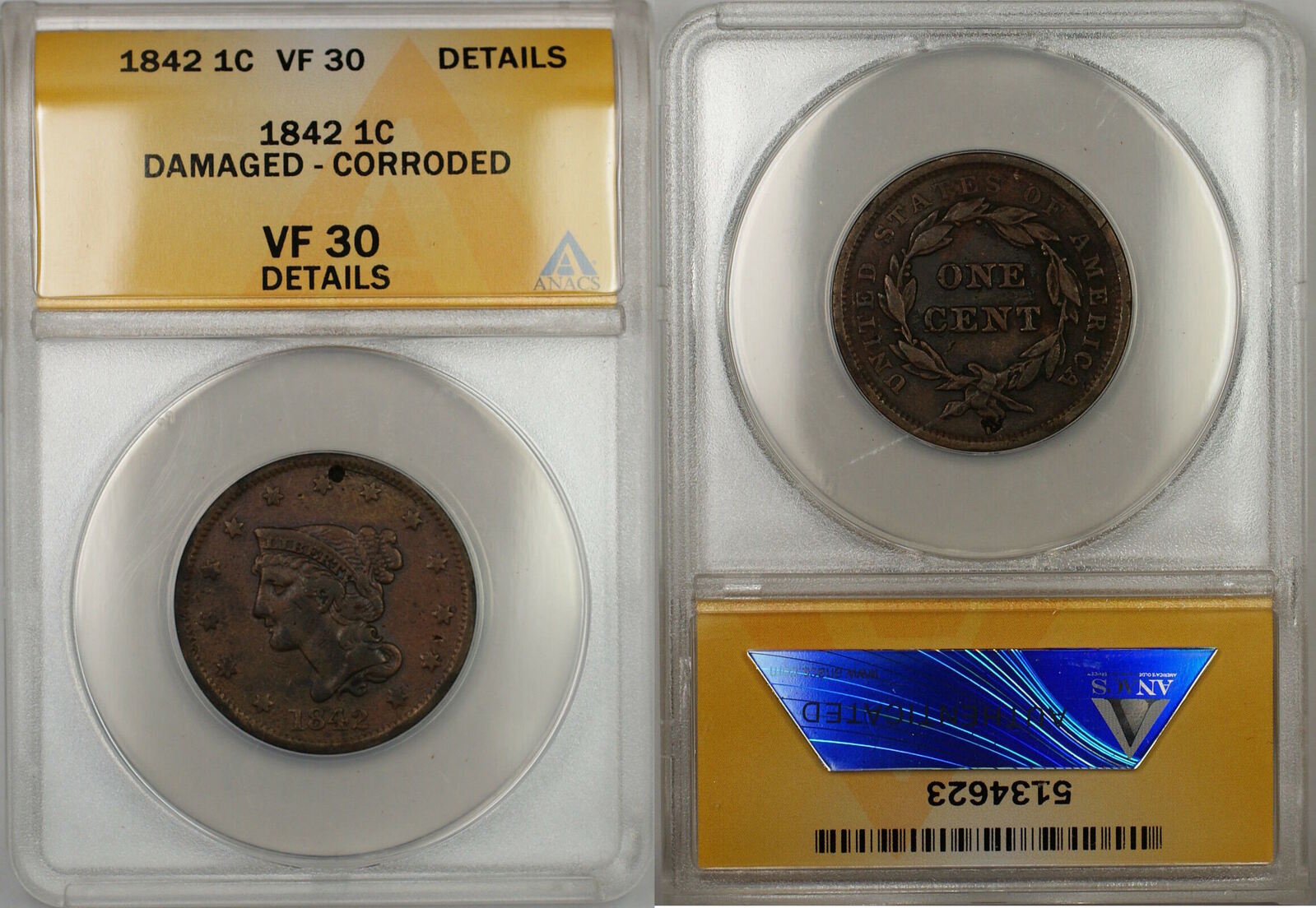 Large Cent 1842 Braided Hair 1c Coin ANACS VF-30 Details Damaged-Corroded  PRX