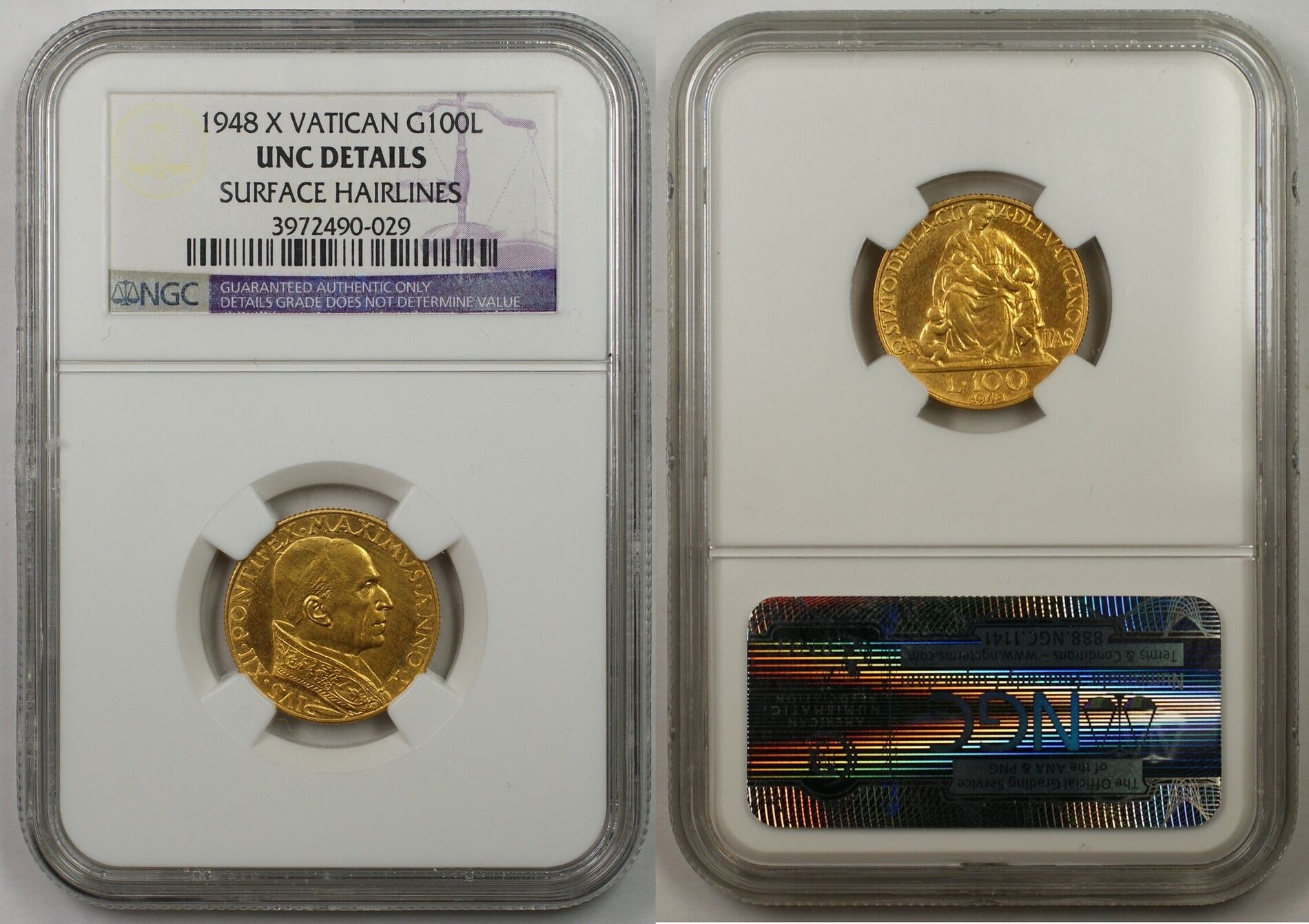 100 Lire 1948 X Vatican Gold Coin NGC UNC DETAILS Surface Hairlines NGC UNC  Details-Surface Hairlines