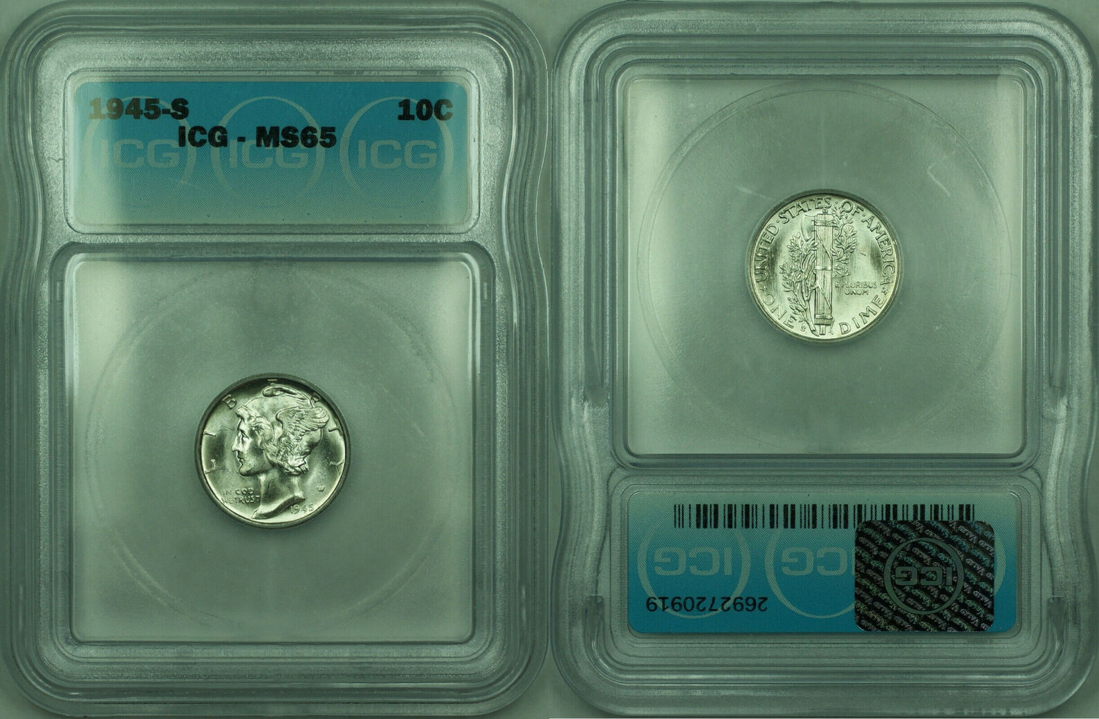 USA Dime 1945-S Mercury Silver 10c Coin ICG MS-65 (III) | MA-Shops