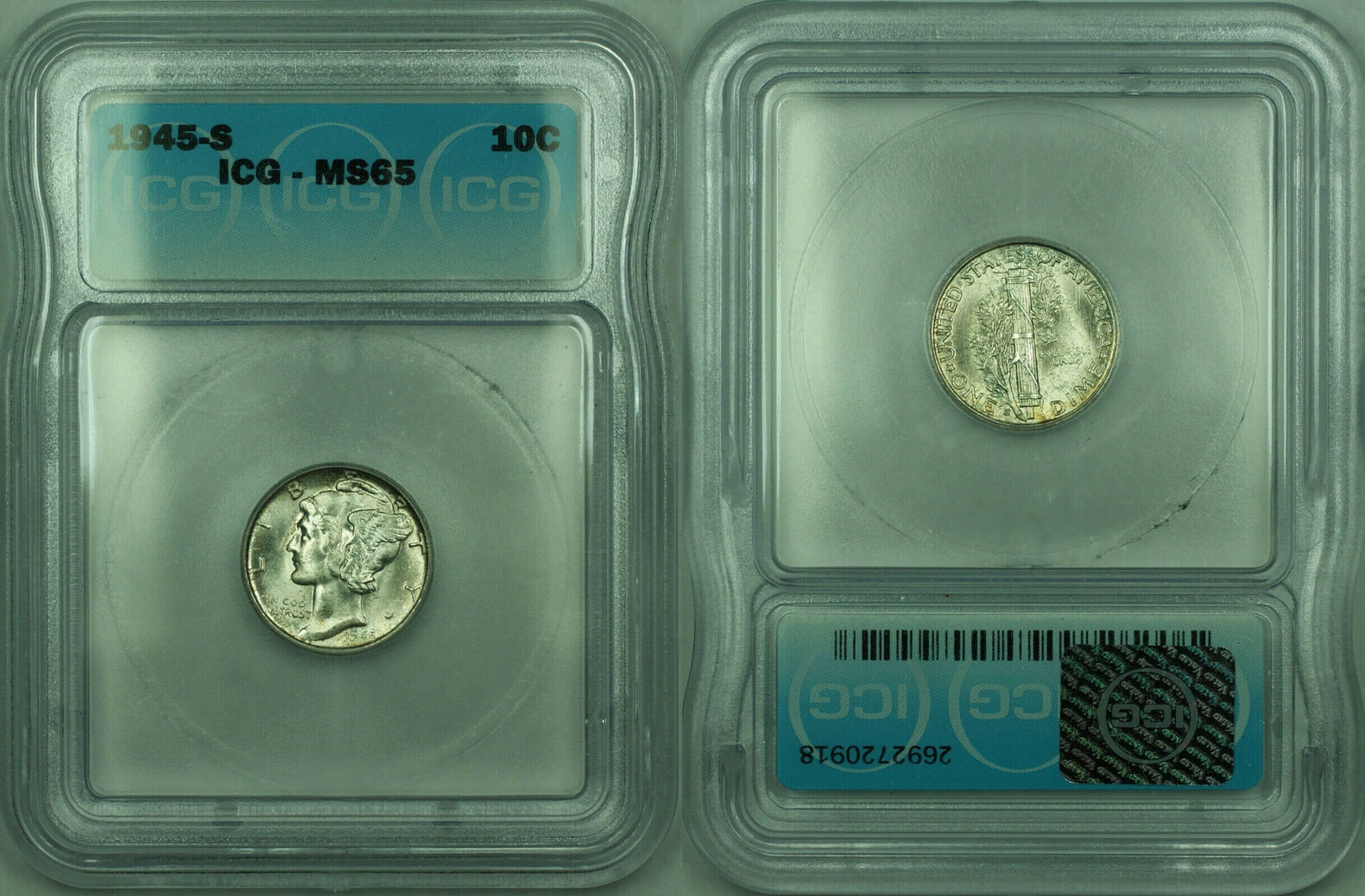 USA Dime 1945-S Mercury Silver 10c Coin ICG MS-65 (JJJ) | MA-Shops