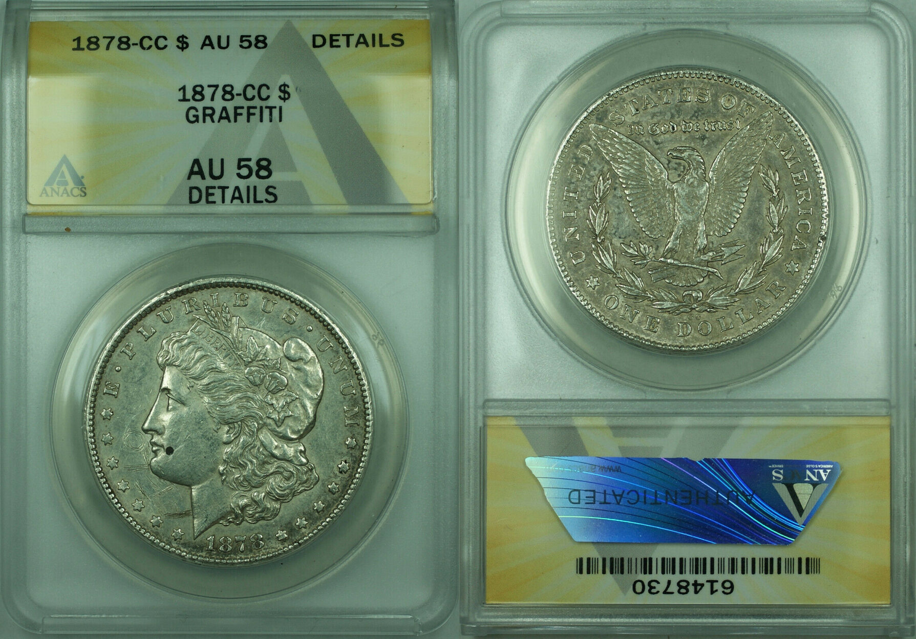 $1 Coin 1878-CC Morgan Silver Dollar ANACS AU-58 Details Graffiti