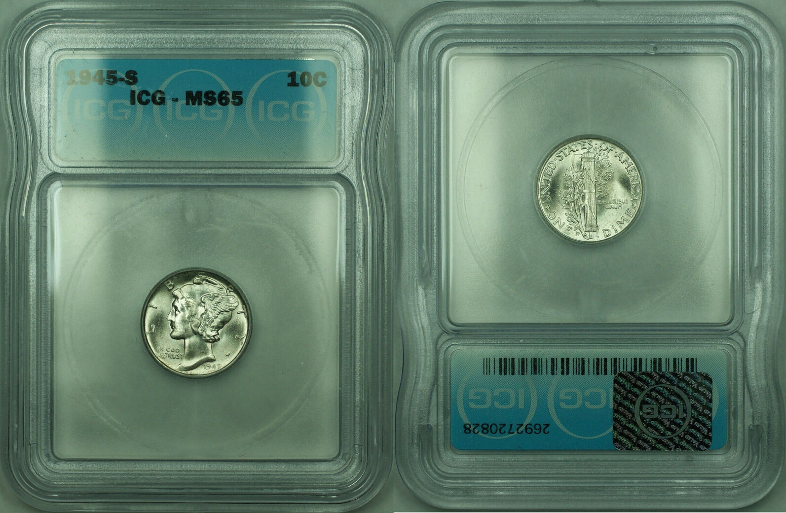 Dime 1945-S Mercury Silver 10c Coin ICG MS-65 (UAA) | MA-Shops