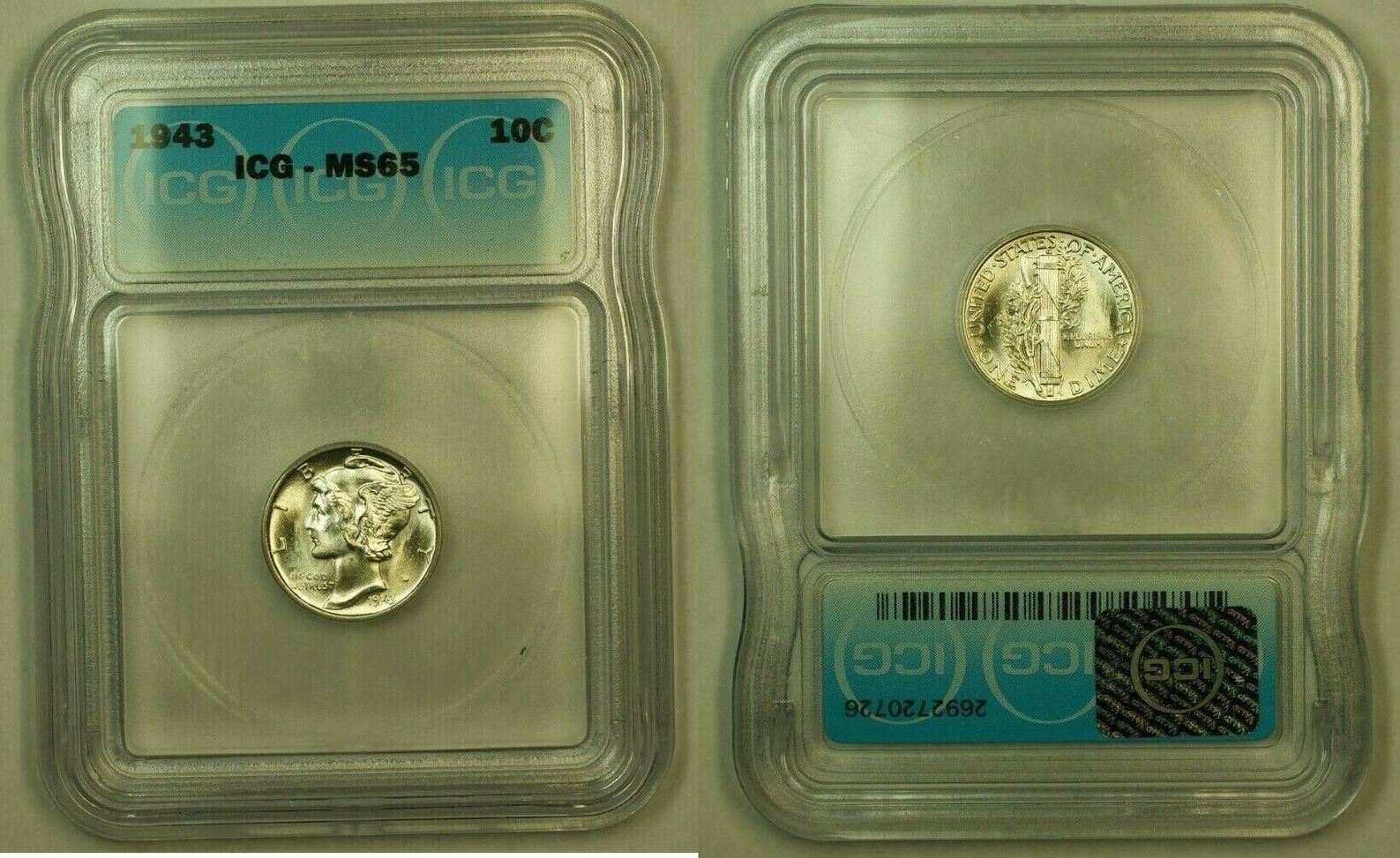 Dime 1943 Silver Mercury 10c Coin ICG MS-65 AA Nearly Full Split Bands ...