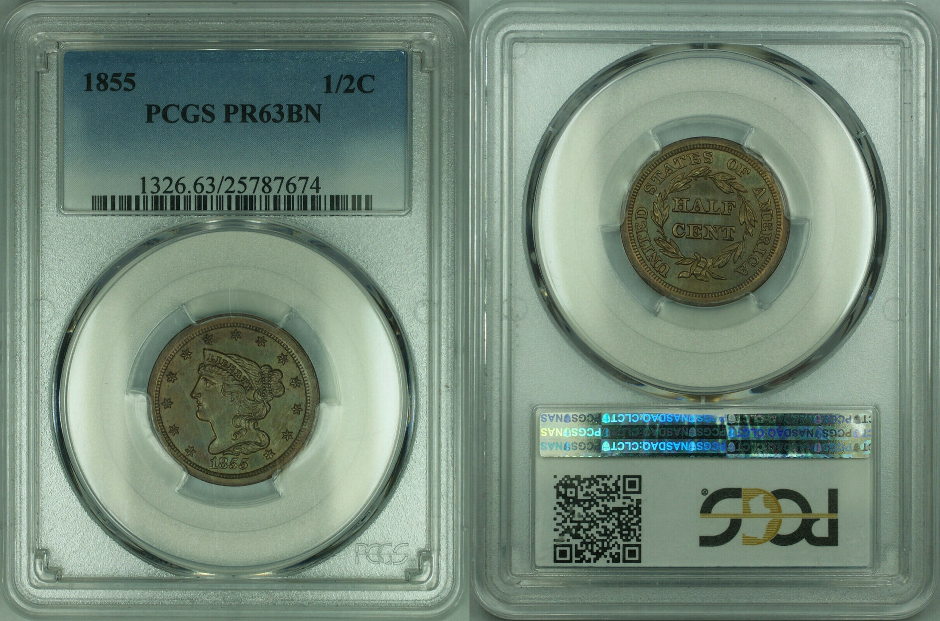 USA Half Cent 1855 Braided Hair 1/2c PROOF Coin PCGS PR-63 BN