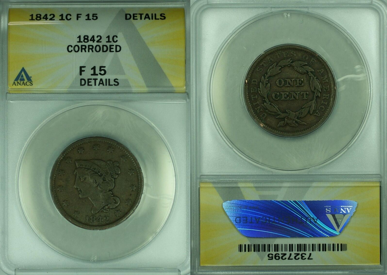 Large Cent 1842 Braided Hair Lg Date 1C Coin ANACS F-15 Details Corroded  (42)