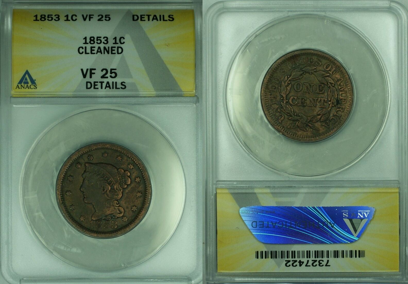 Large Cent 1853 Braided Hair ANACS VF-25 Details Cleaned (43) | MA