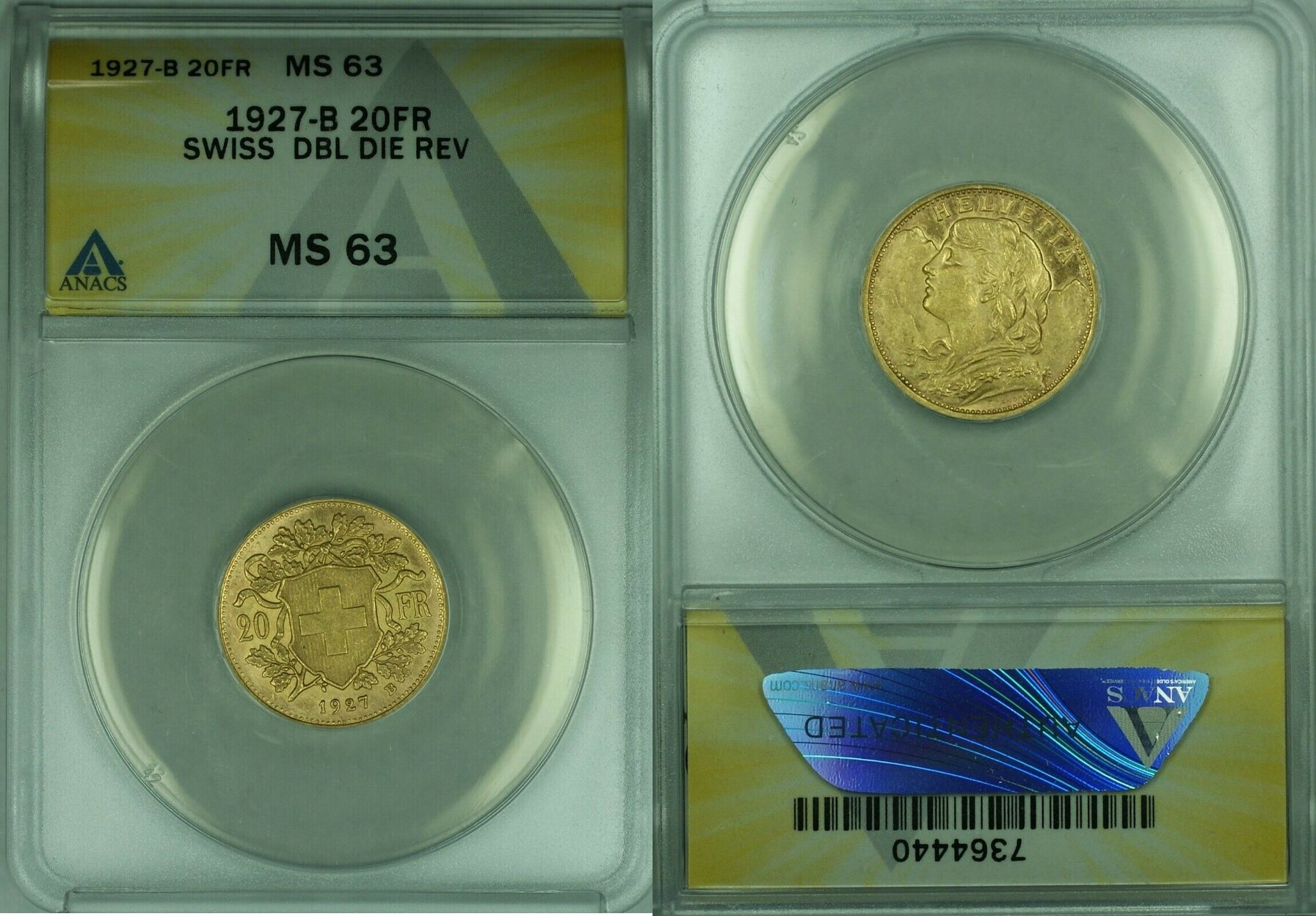 20 Francs Gold 1927-B Switzerland Coin Dbl Die Reverse ANACS MS-63 (MK ...