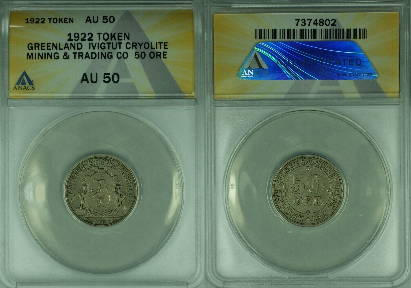 1922 Greenland Ivigtut Cryolite Mining & Trading Token 50 Ore ANACS AU