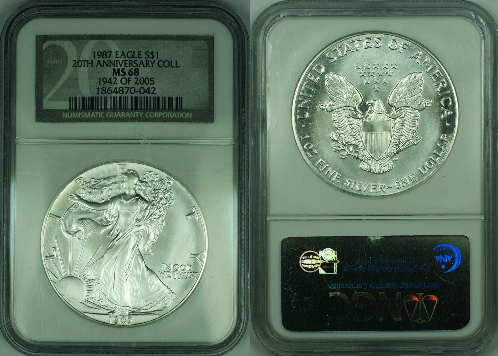 $1 Coin 1987 American Silver Eagle ASE Dollar NGC MS-68 20th Anniv