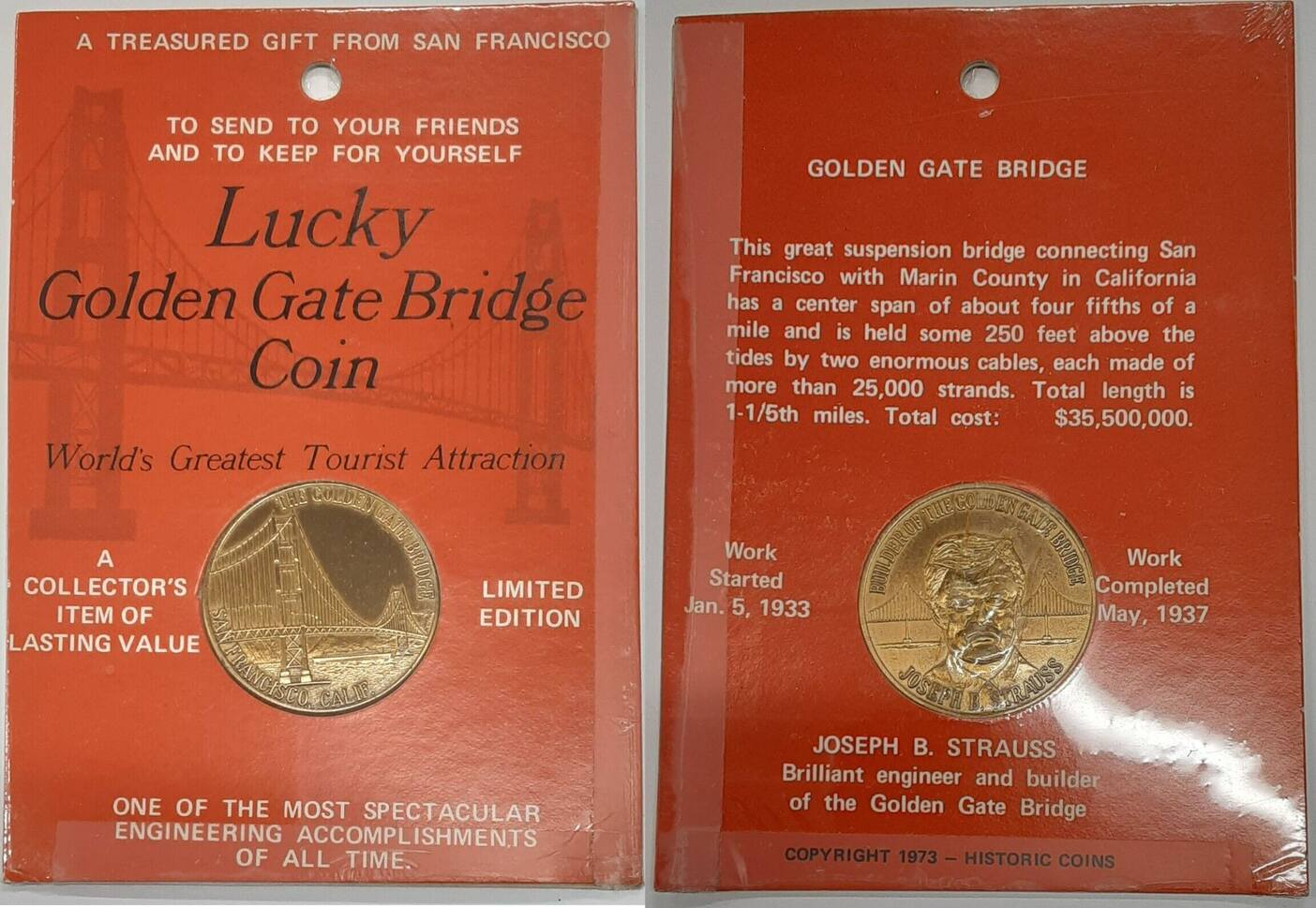 Exonumia Lucky Golden Gate Bridge Coin in Card Like new in holder