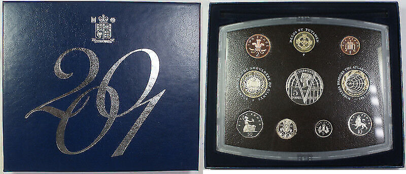 2001 Royal Mint Blue Box United Kingdom Proof Coin Collection 10 Coin Set w  COA 10 Gem Proof Coins and a Mint Token