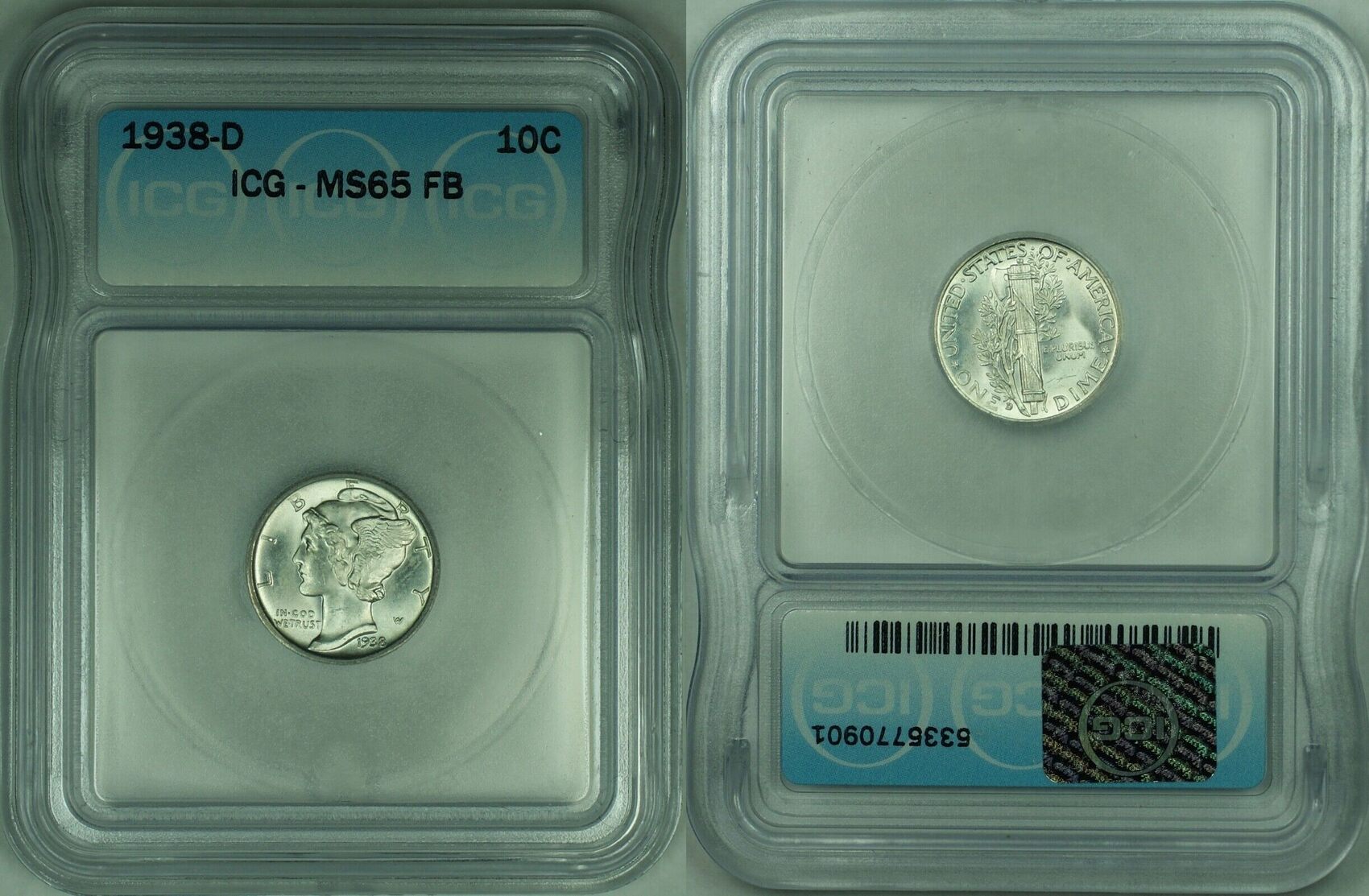 USA Dime 1938-D Mercury Silver 10c Coin ICG MS-65 (Full Split Bands ...