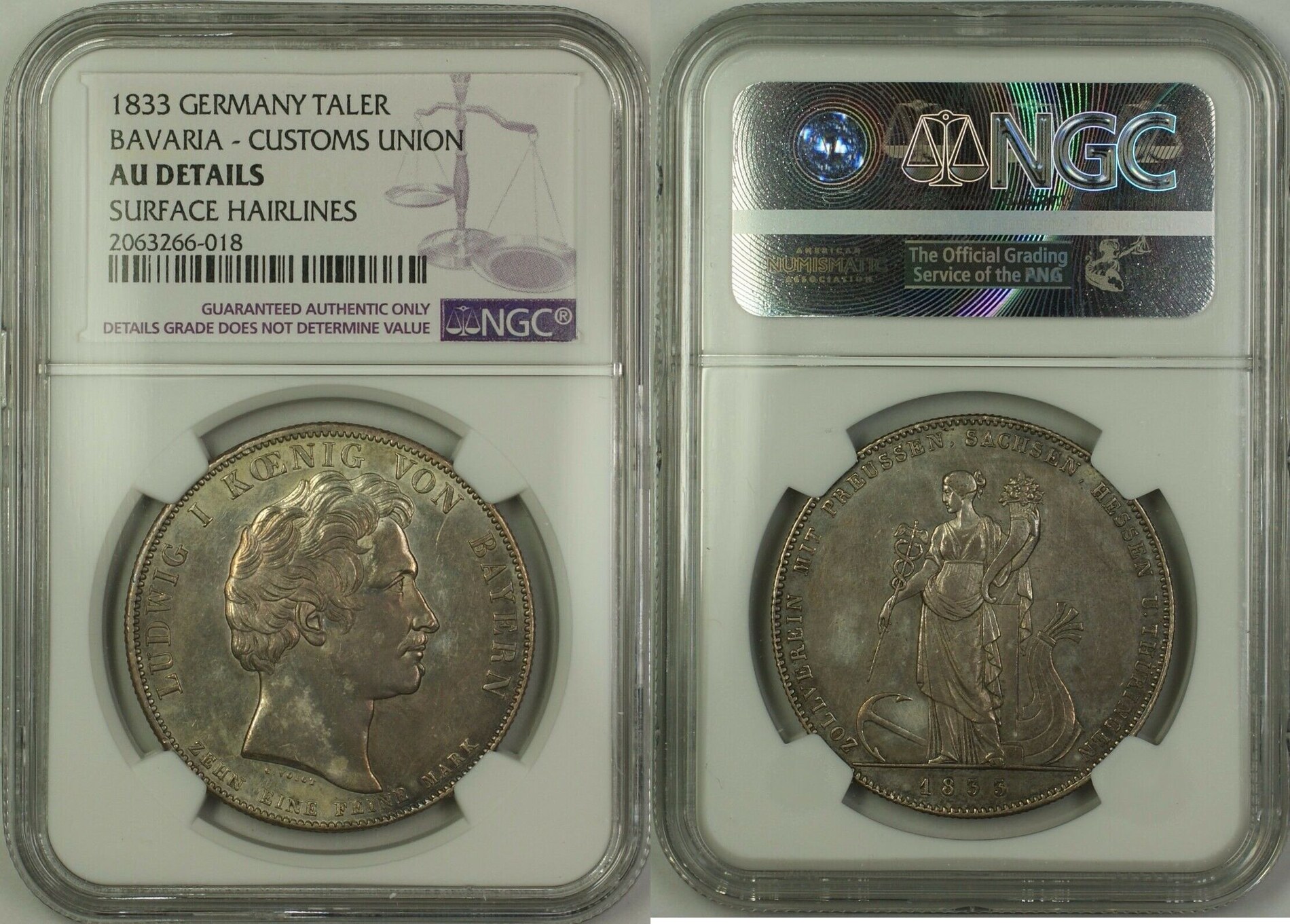 Taler 1833 Germany Bavaria Customs Union Silver Coin NGC AU Det. NGC AU ...