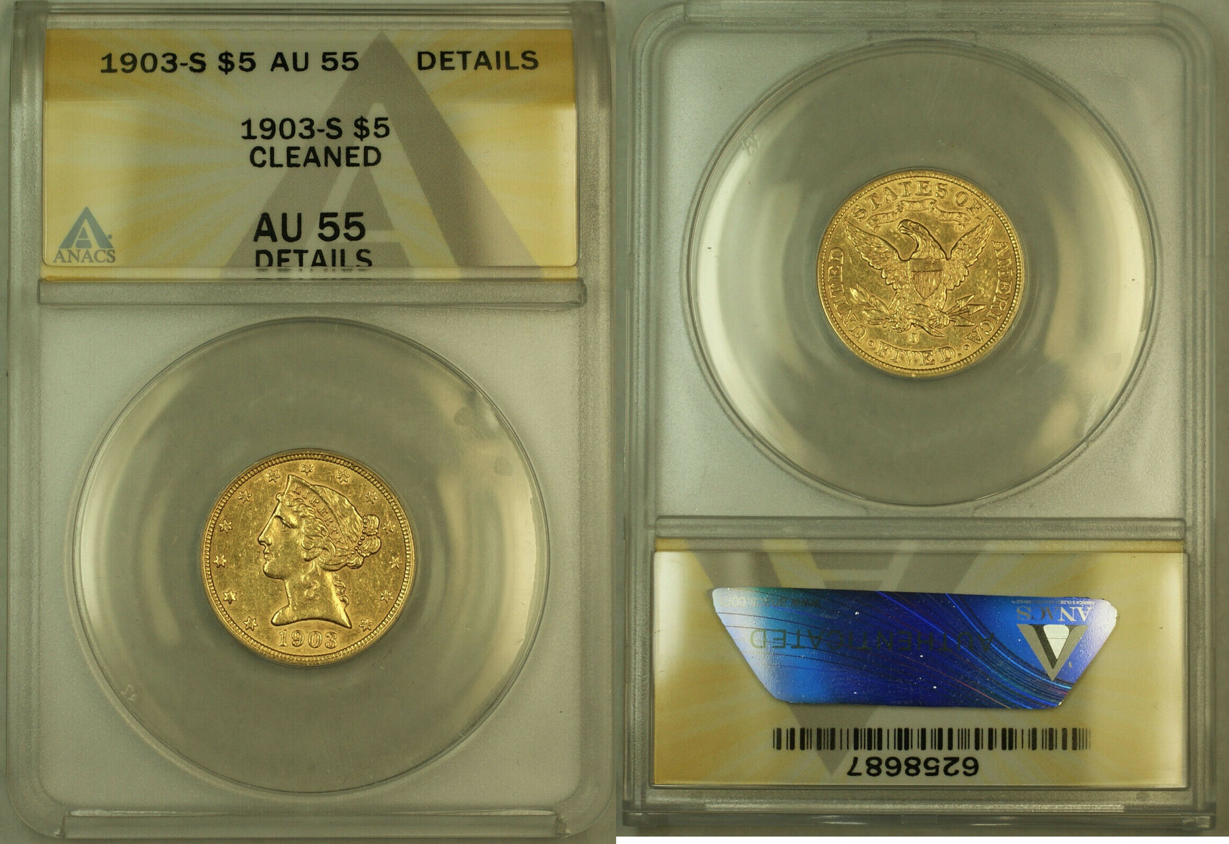 USA 5 Half Eagle 1903 S Liberty Gold Coin ANACS AU 55 Details