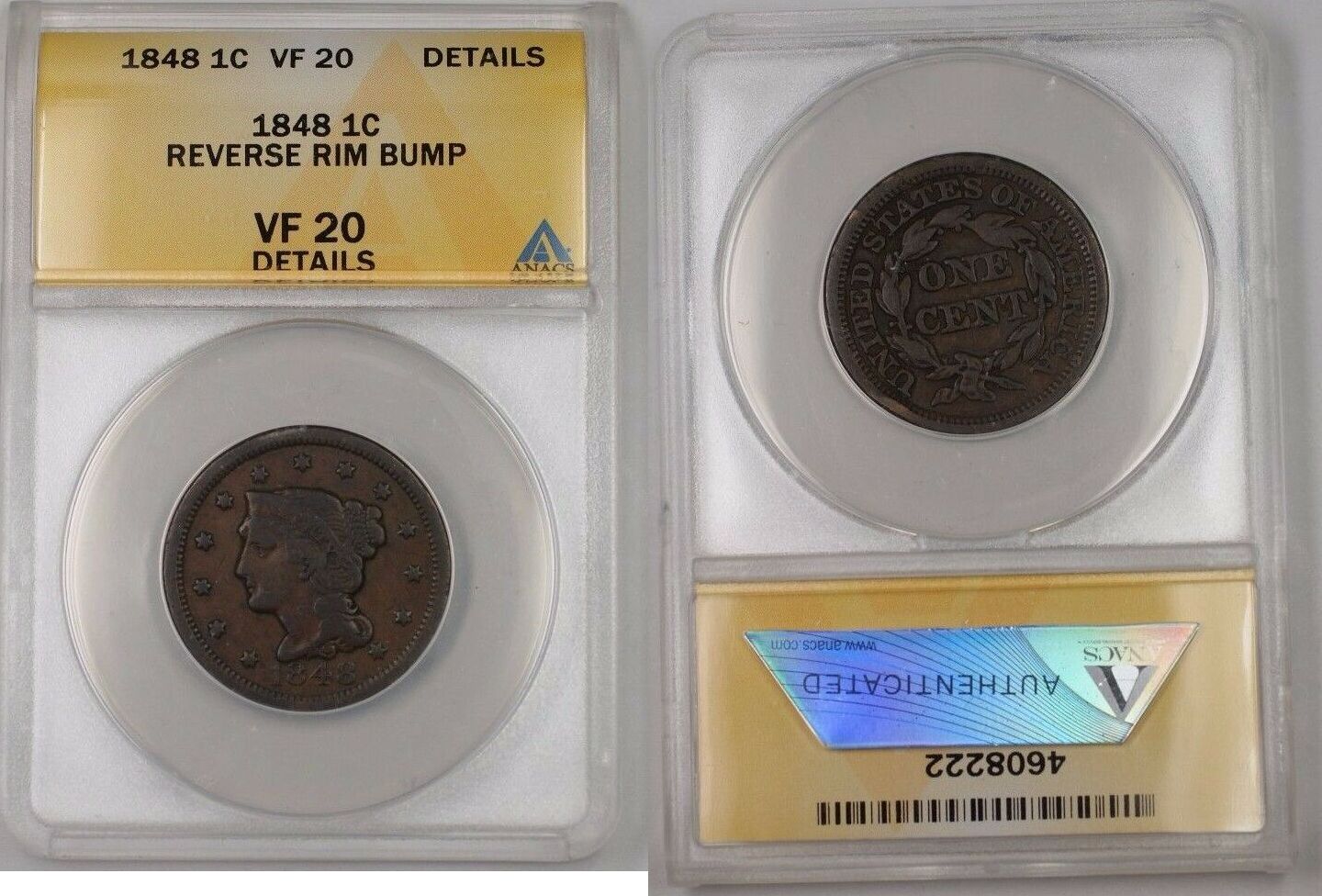 Large Cent 1848 US Braided Hair Coin ANACS VF-20 Details Reverse Rim Bump