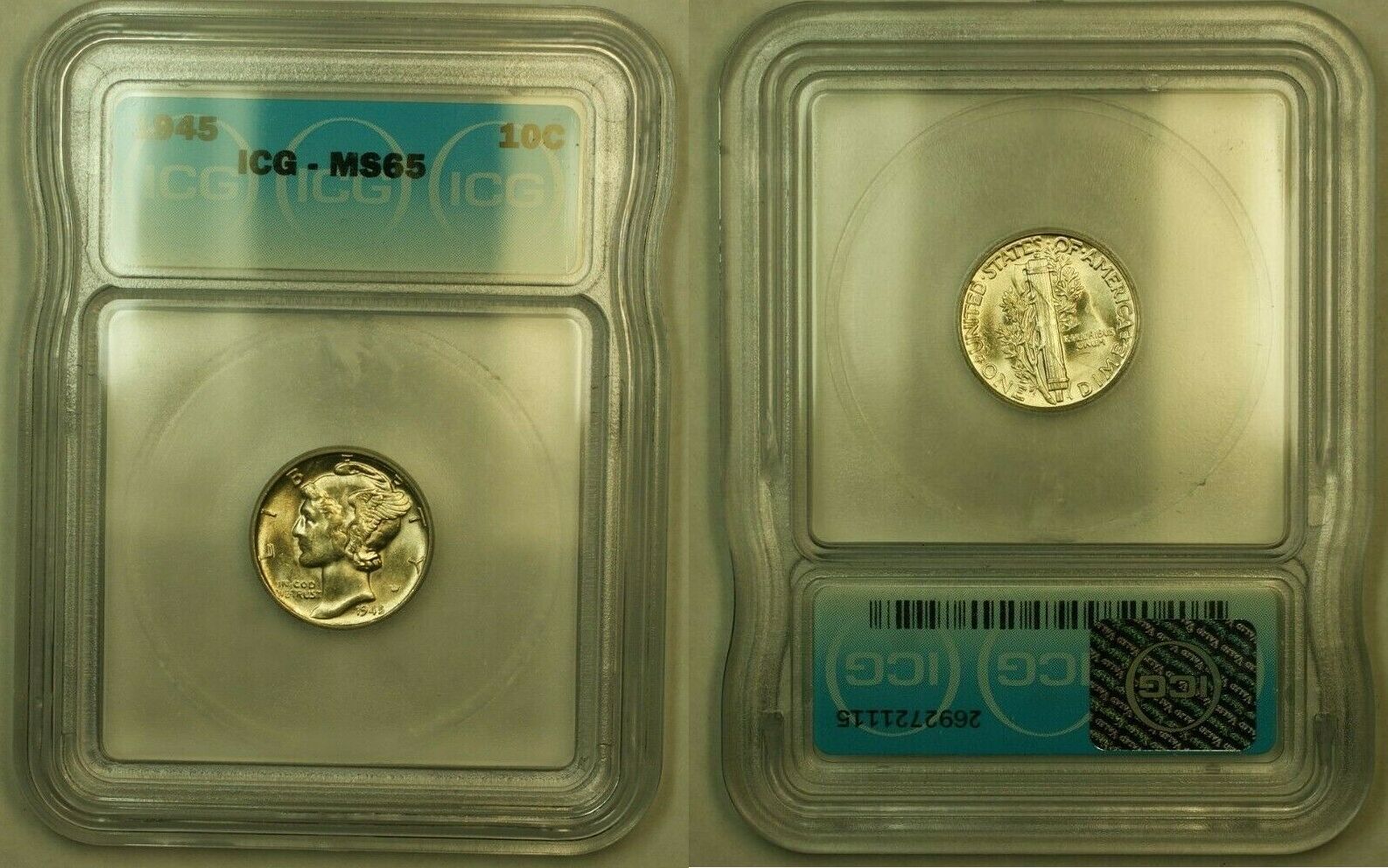 Dime 1945 Silver Mercury 10c Coin ICG MS-65 E | MA-Shops