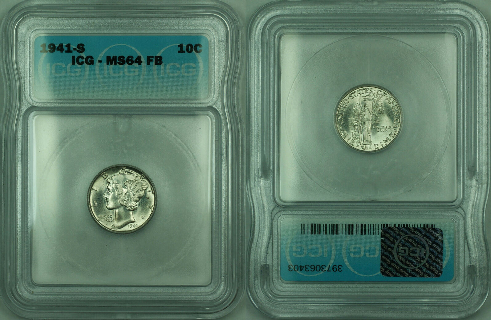 Dime 1941-S Mercury Silver 10c Coin ICG MS-64 Full Bands FB (A) | MA-Shops