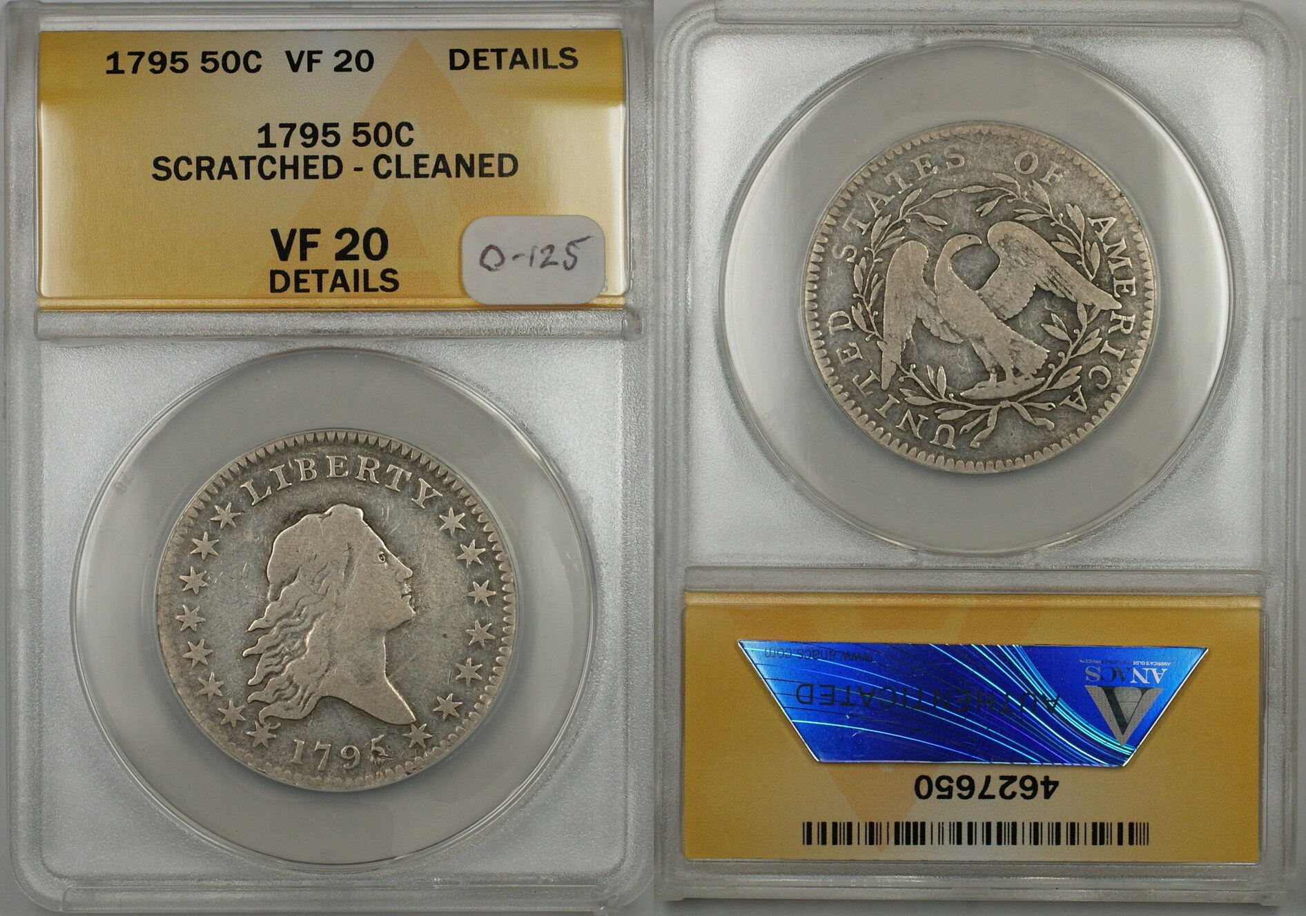 1795 Flowing Hair Silver Half 50c Coin O-125 ANACS VF-20 Details