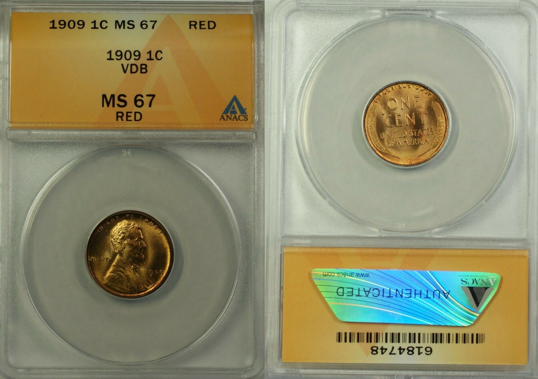 Cent 1909 VDB Lincoln Wheat Penny 1c Coin ANACS MS-67 Red Brilliant ...