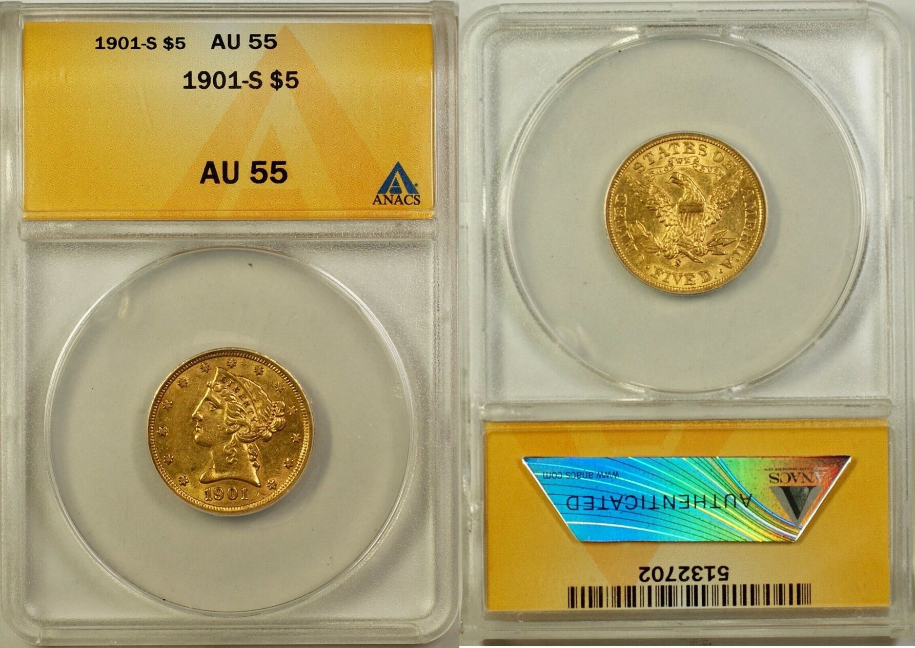 $5 Coin 1901-S Liberty Head Gold Half Eagle ANACS AU-55 Scarce