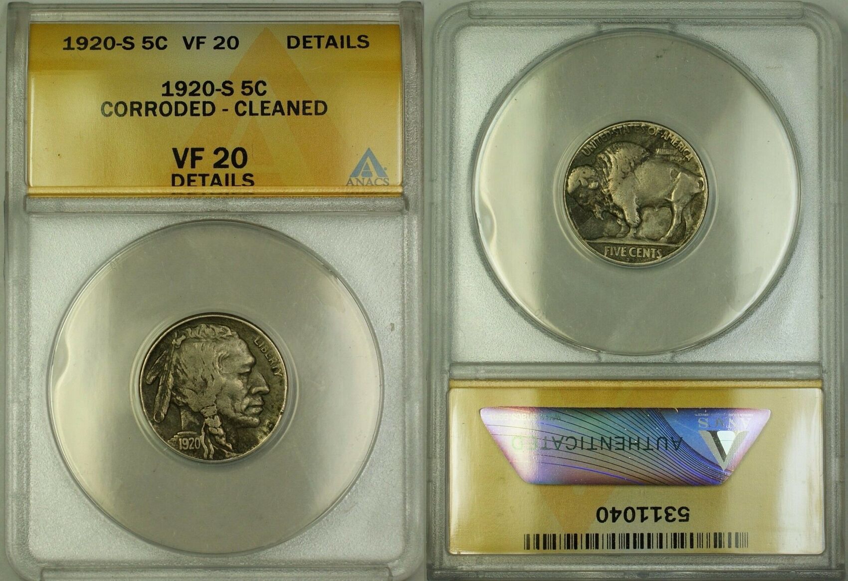 Buffalo Nickel 1920-S 5c Coin ANACS VF-20 Details Corroded Cleaned | MA