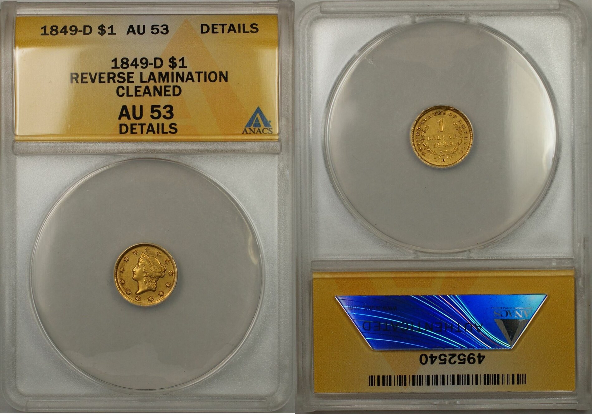 USA 1849 D Liberty Gold Coin 1 ANACS AU 53 Cleaned Details