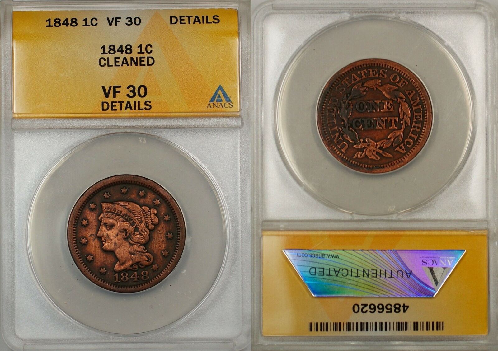 Large Cent 1848 1c Coin ANACS VF 30 Details Cleaned VF 30 Details Corroded