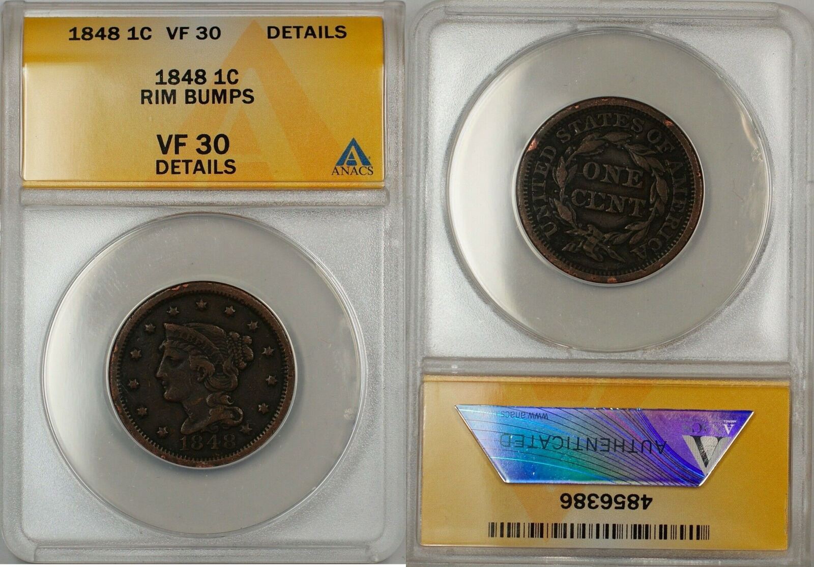 Large Cent 1848 1c Coin ANACS VF 30 Details Rim Bumps (C)