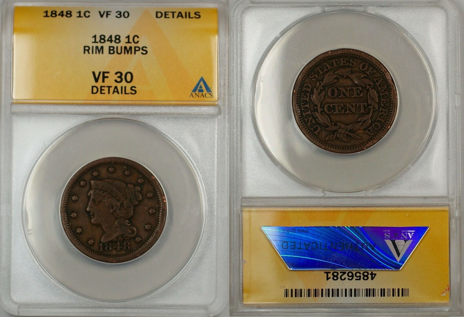 Large Cent 1848 1c Coin ANACS VF 30 Details Rim Bumps (A)