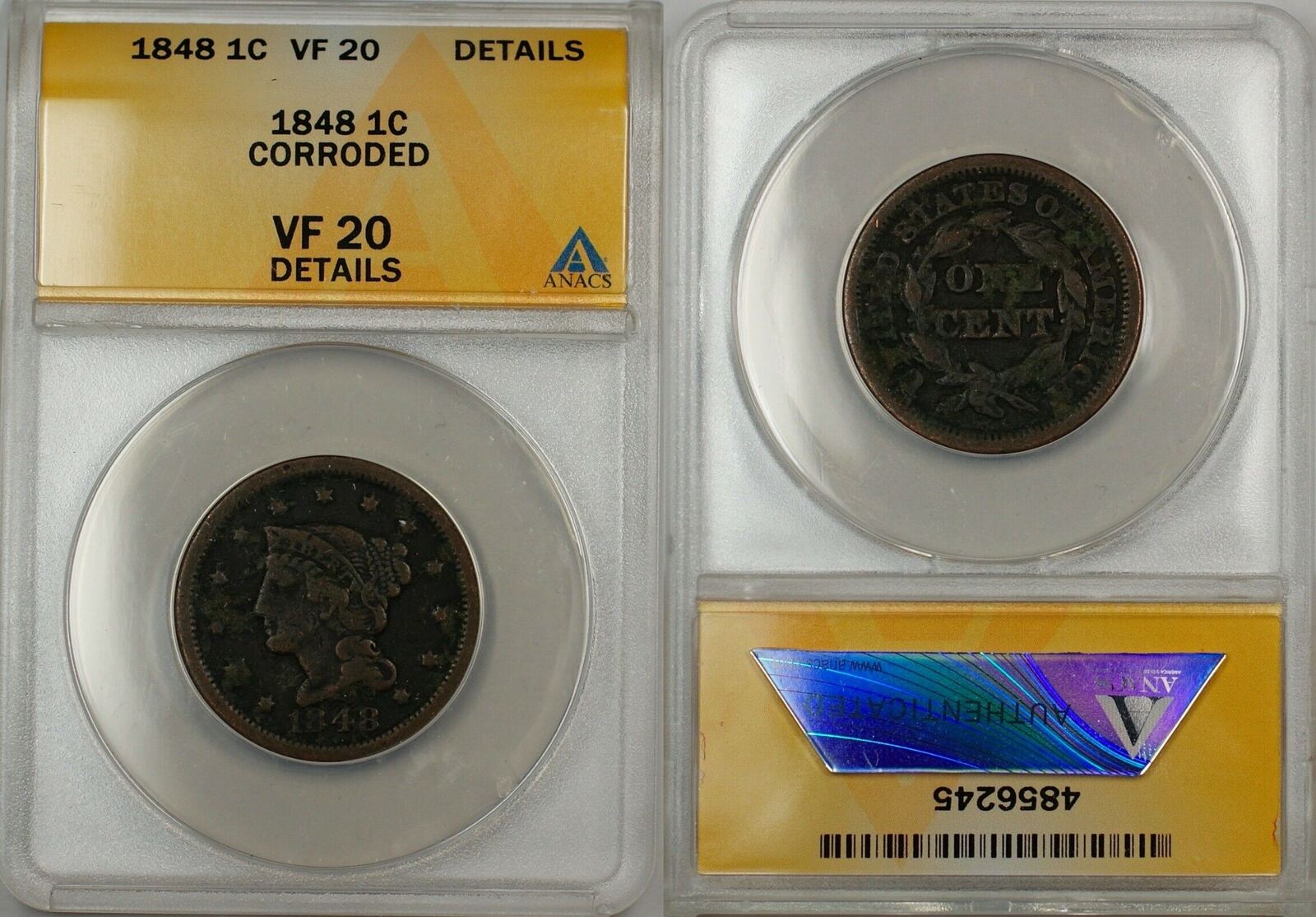 Large Cent 1848 1c Coin ANACS VF 20 Details Corroded VF 20