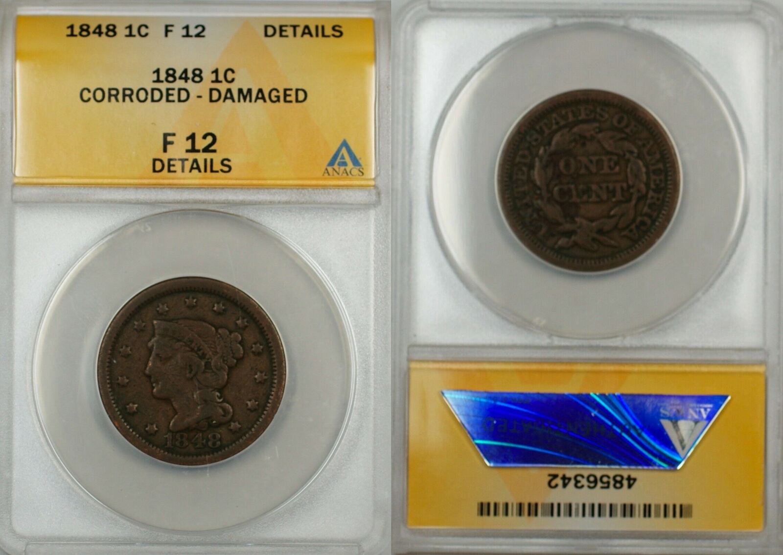 1848 Large Cent 1c Coin ANACS F-12 Details Corroded-Damaged F-12  Corroded-Damaged