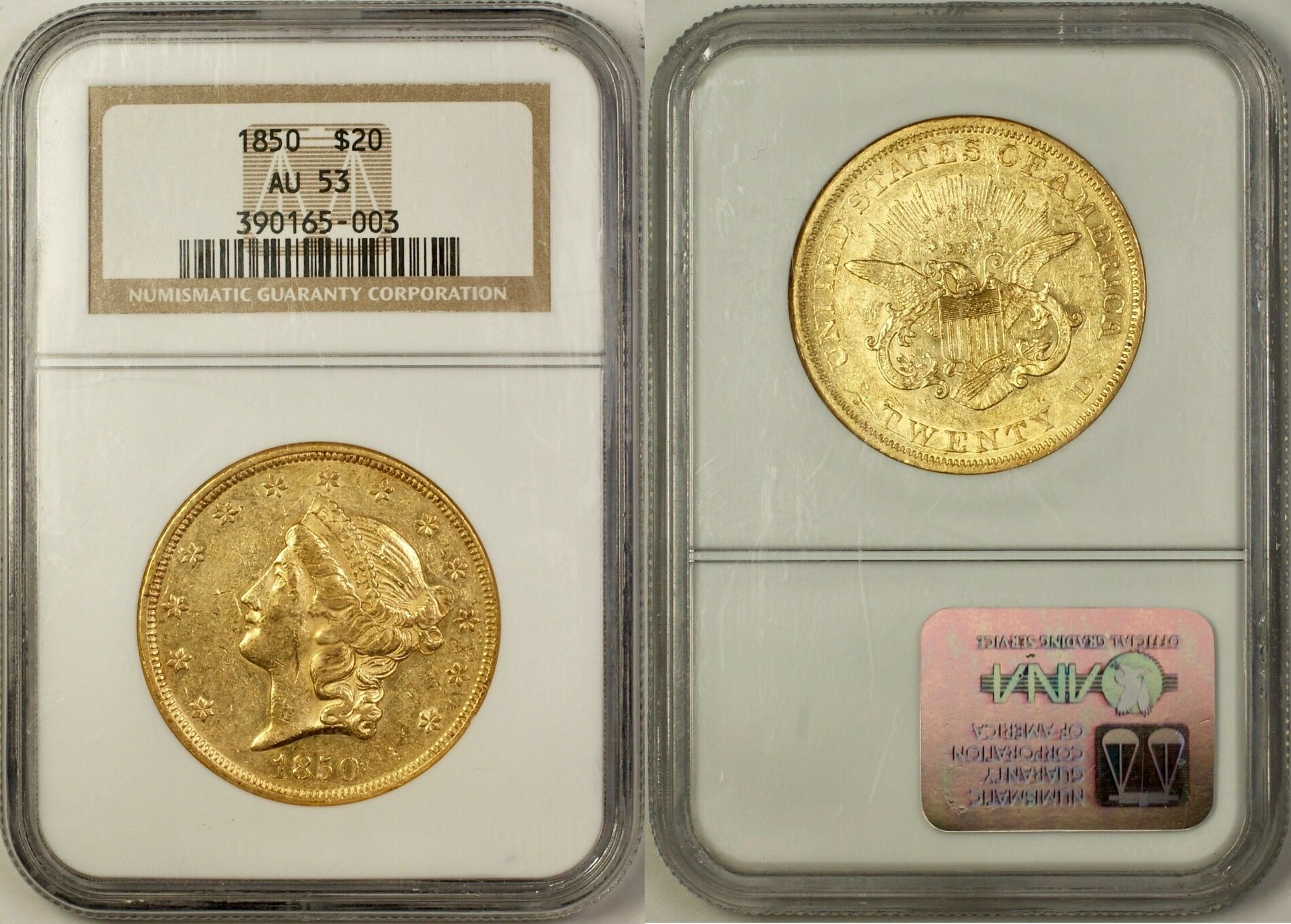 USA $20 Liberty Head Double Eagle 1850 Gold Coin NGC AU-53 NP | MA-Shops