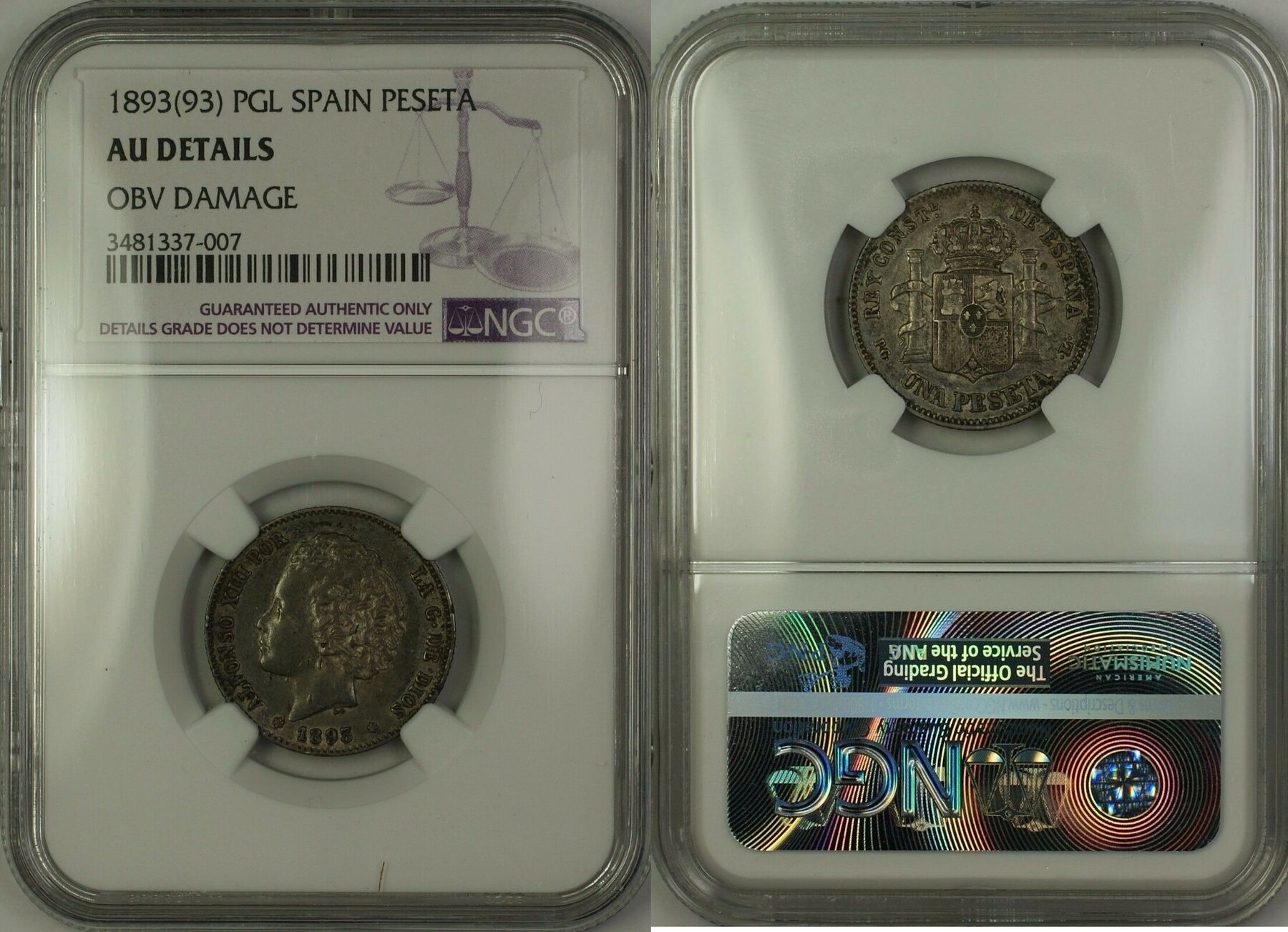 Peseta 1893(93) PGL Spain Silver Coin NGC AU Details Obverse Damage ...
