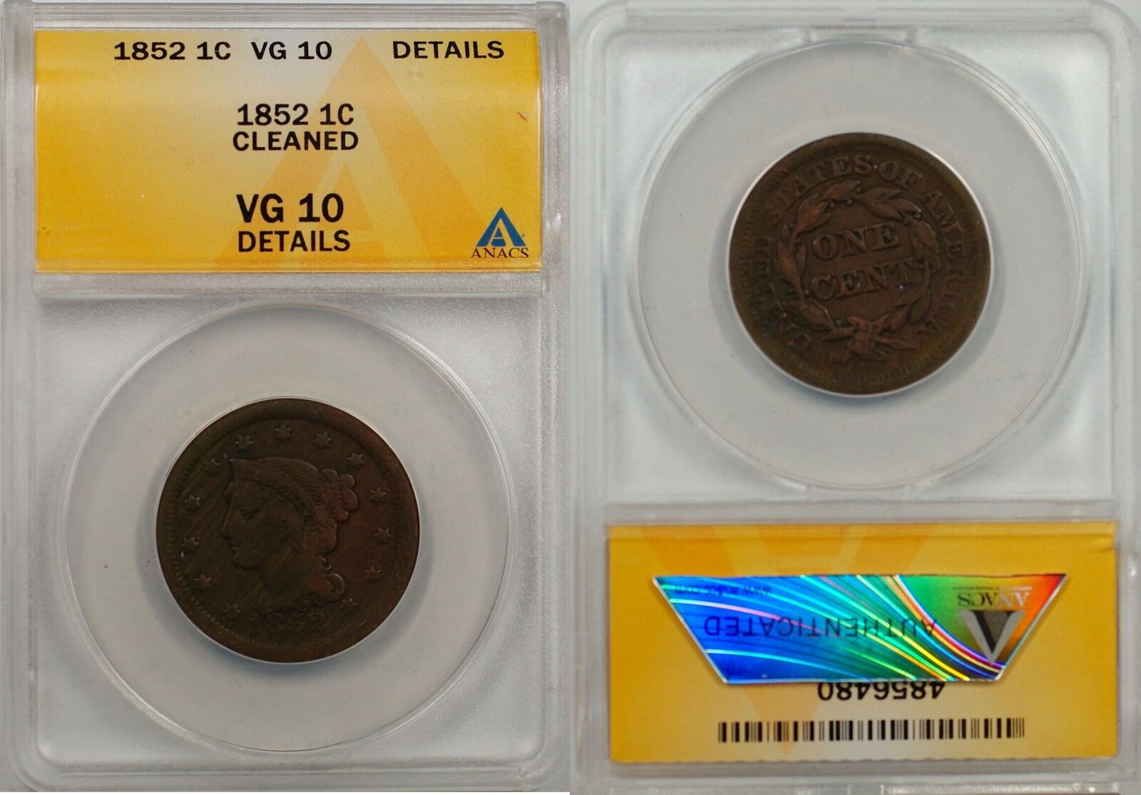 Large Cent 1852 1c Coin ANACS VG 10 Details Cleaned